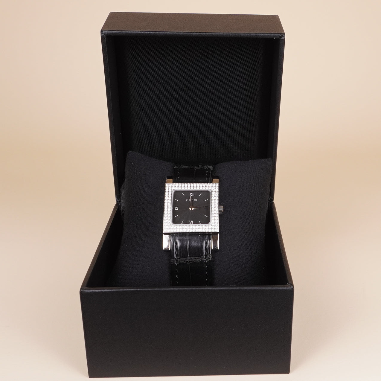 PRE-OWNED GG Silver Watch Black Lizard Strap