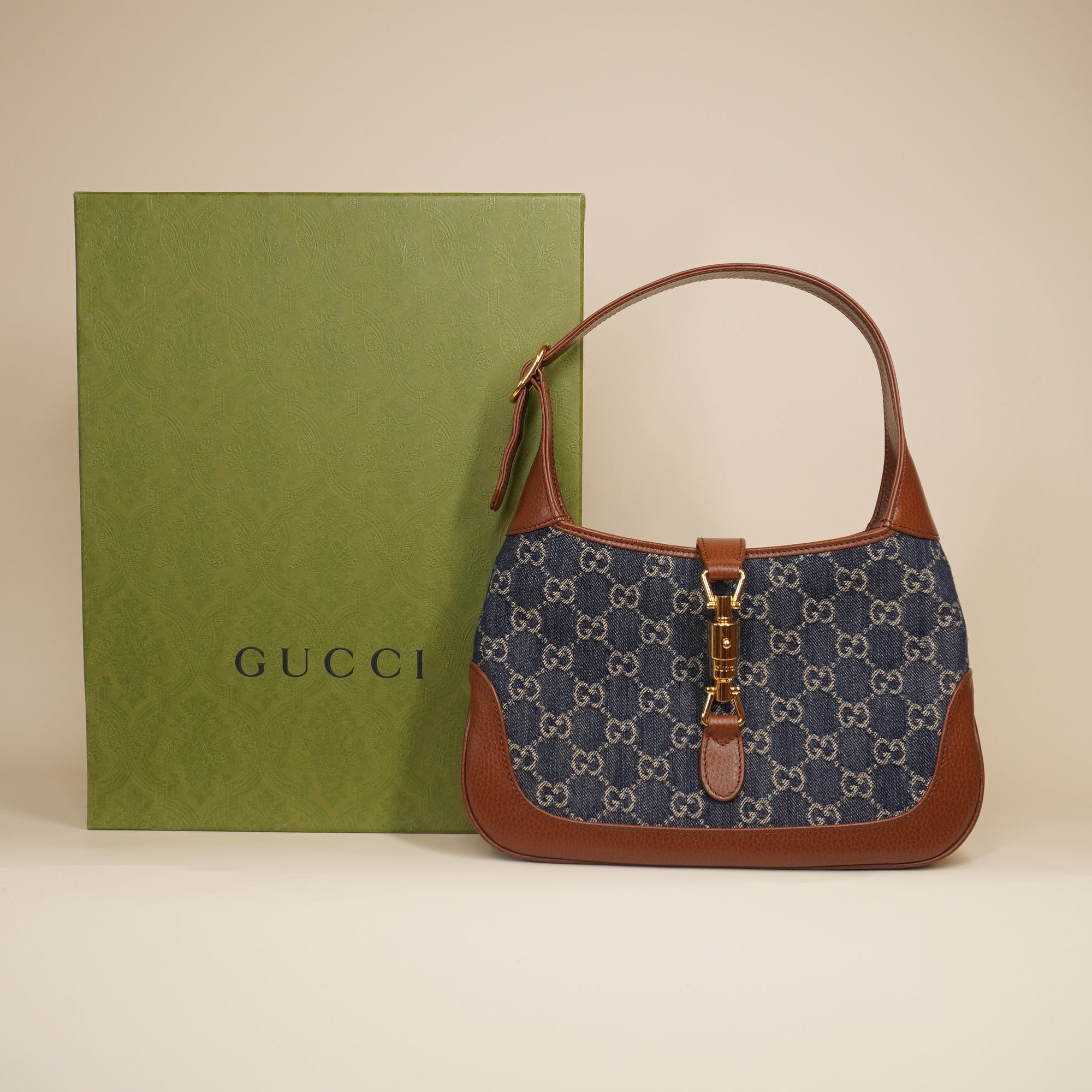 PRE-OWNED Monogram Calfskin Small Jackie Hobo 1961 Denim Shoulder Bag