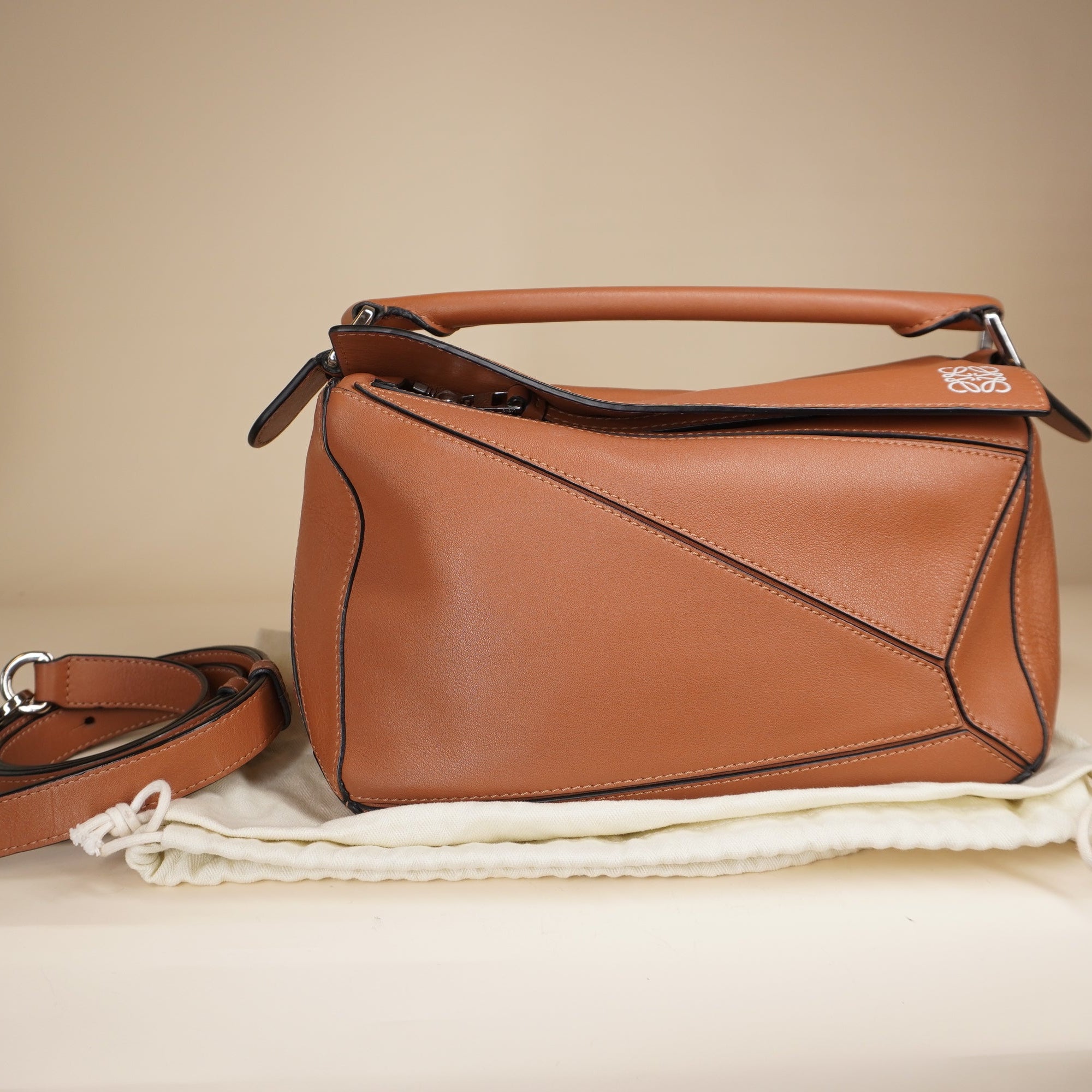 PRE-OWNED Brown Tan Calfskin Medium Puzzle Bag