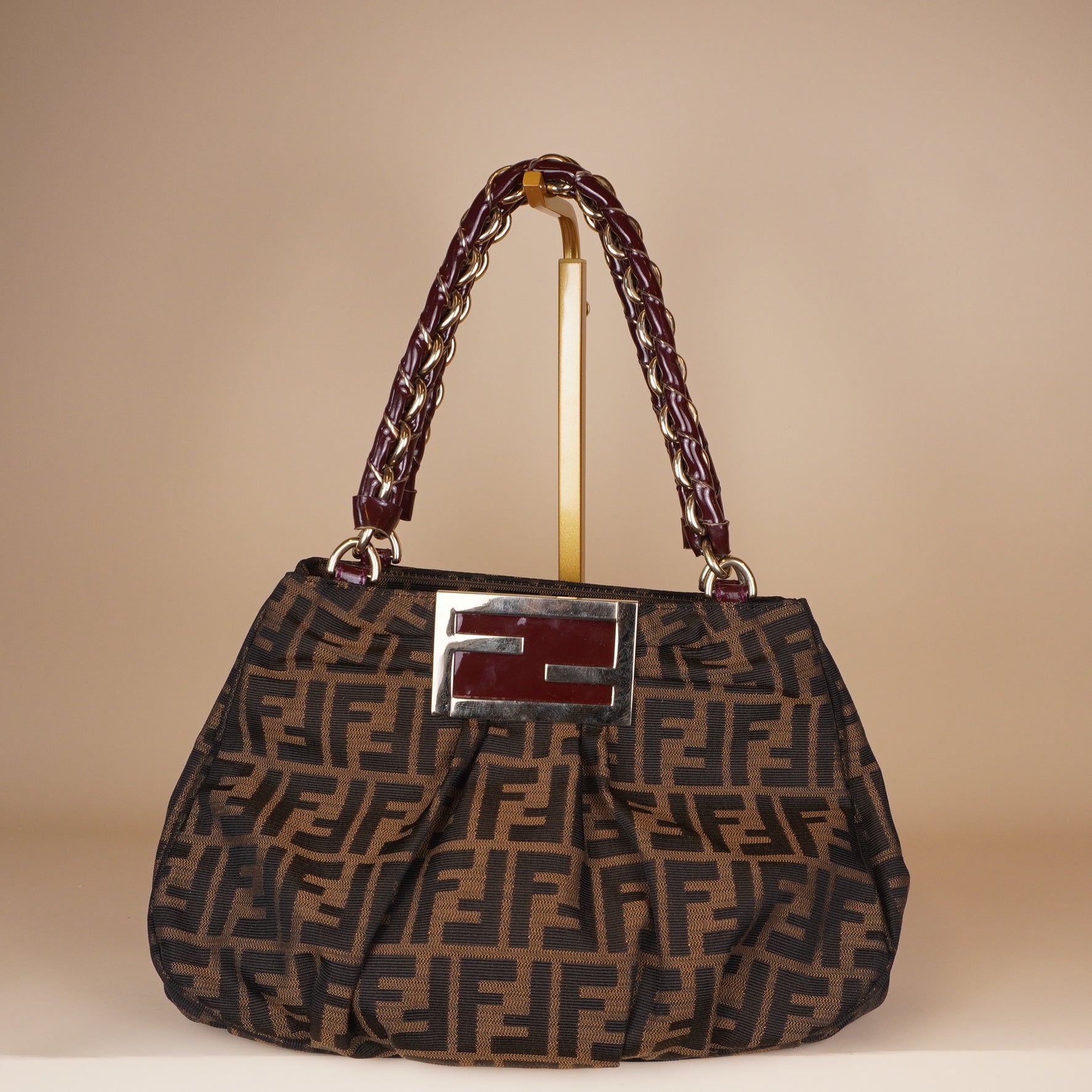 PRE-OWNED FF Zucca and Patent Leather Small Mia Hobo Bag