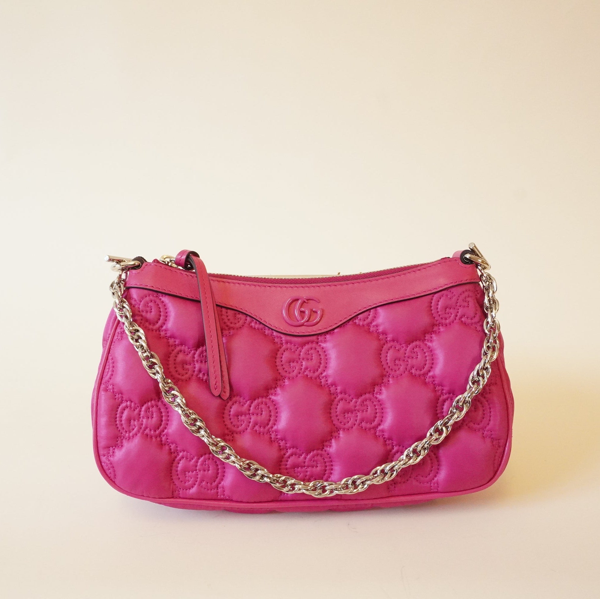 Bolso de hombro con cremallera rosa intenso GG de segunda mano, minibolso de piel matelasse con relieve GG