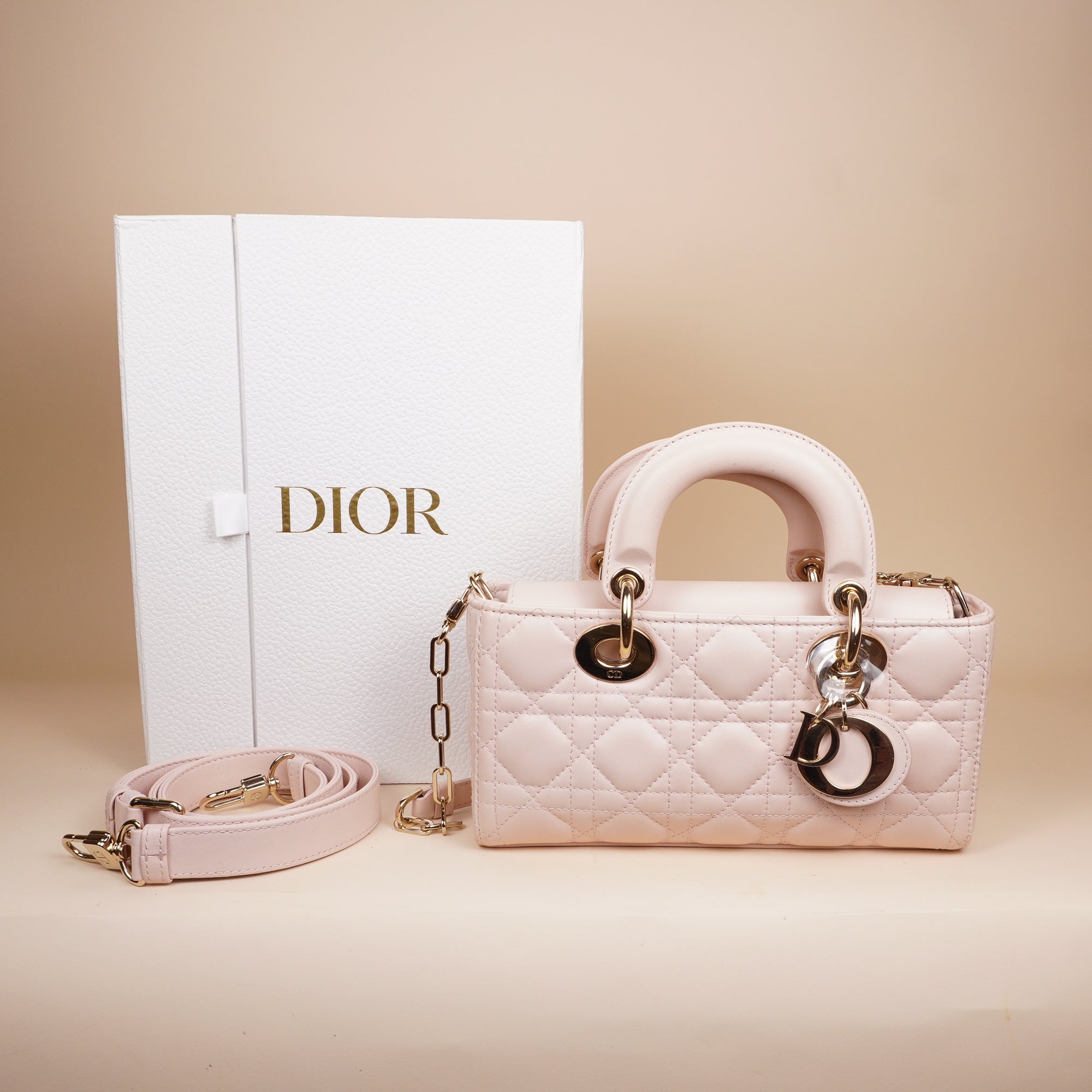 PRE-OWNED Lady D-Joy Medium Light Pink Cannage Leather Tote
