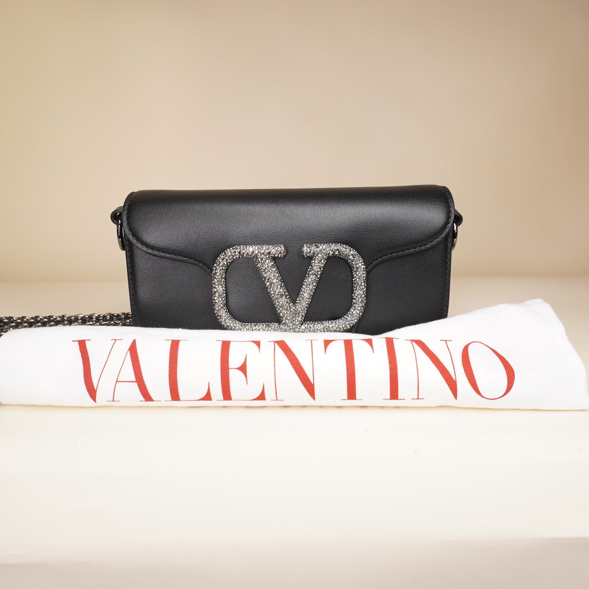 PRE-OWNED Black Locò Small Shoulder Bag with Swarovski Crystal-Embellished VLogo