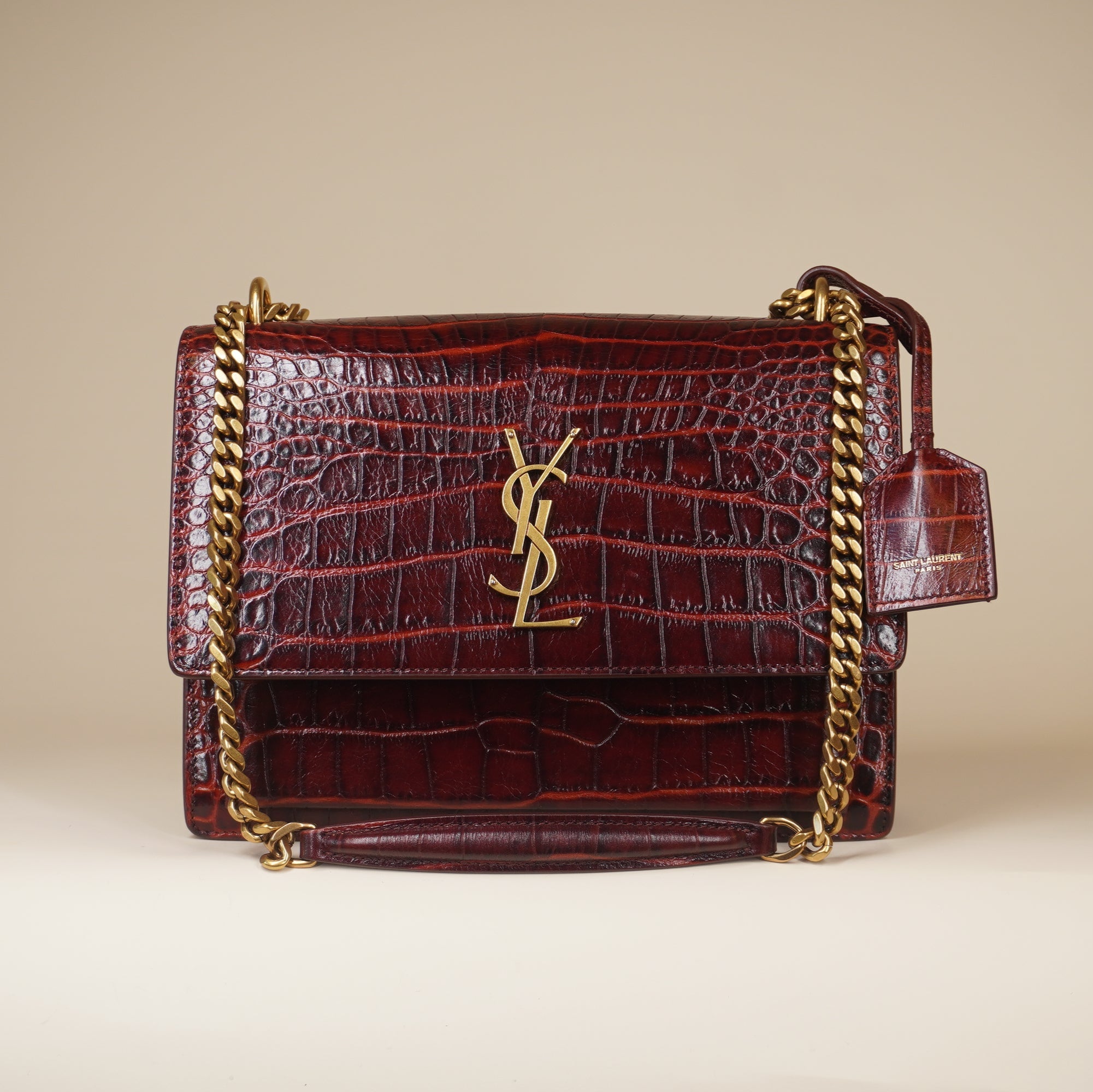 PRE-OWNED Sunset Calfskin Crocodile Embossed Medium Monogram Shoulder Bag