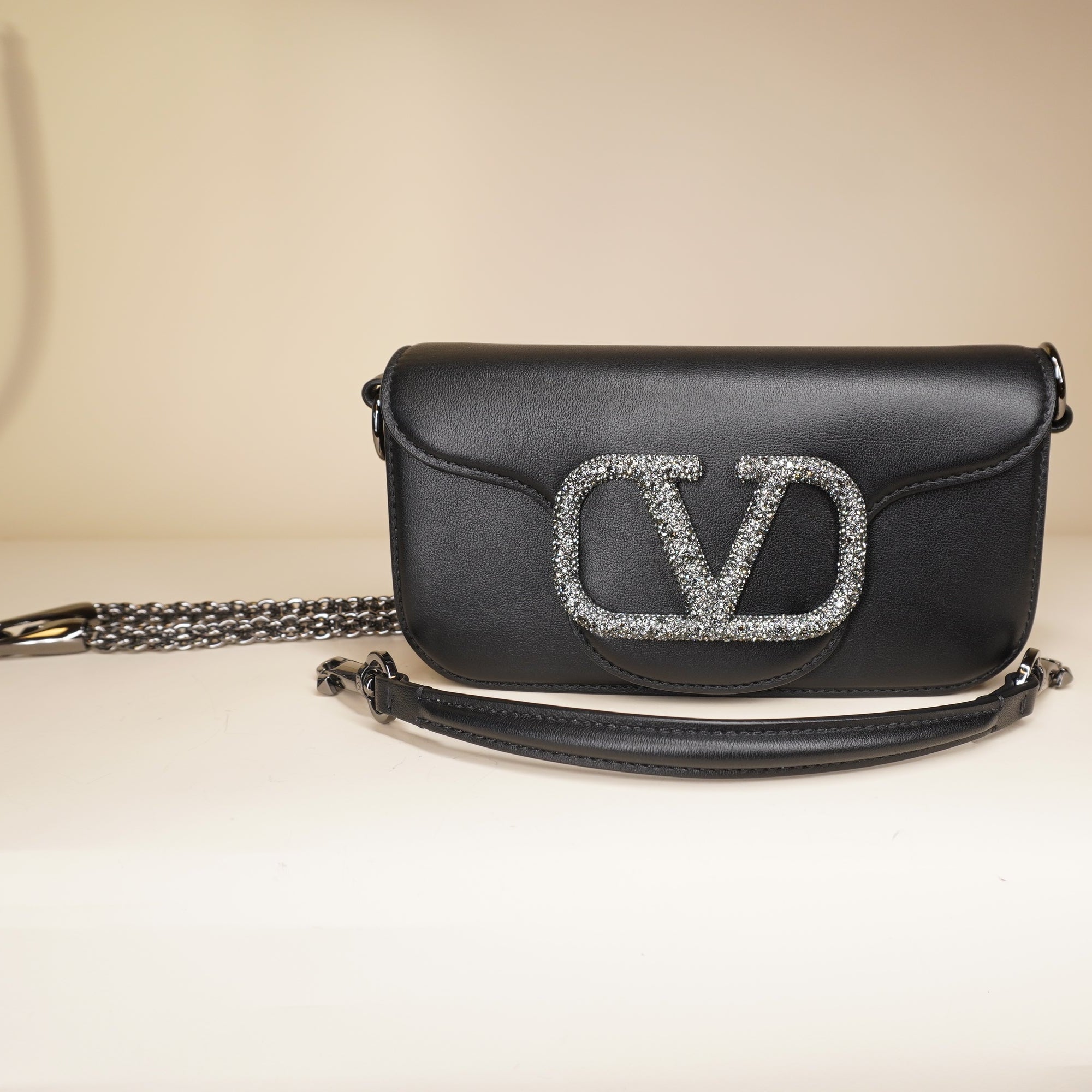PRE-OWNED Black Locò Small Shoulder Bag with Swarovski Crystal-Embellished VLogo