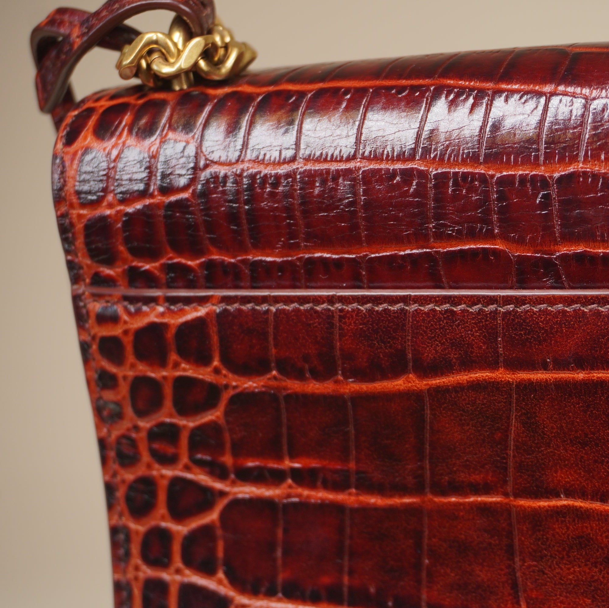 PRE-OWNED Sunset Calfskin Crocodile Embossed Medium Monogram Shoulder Bag