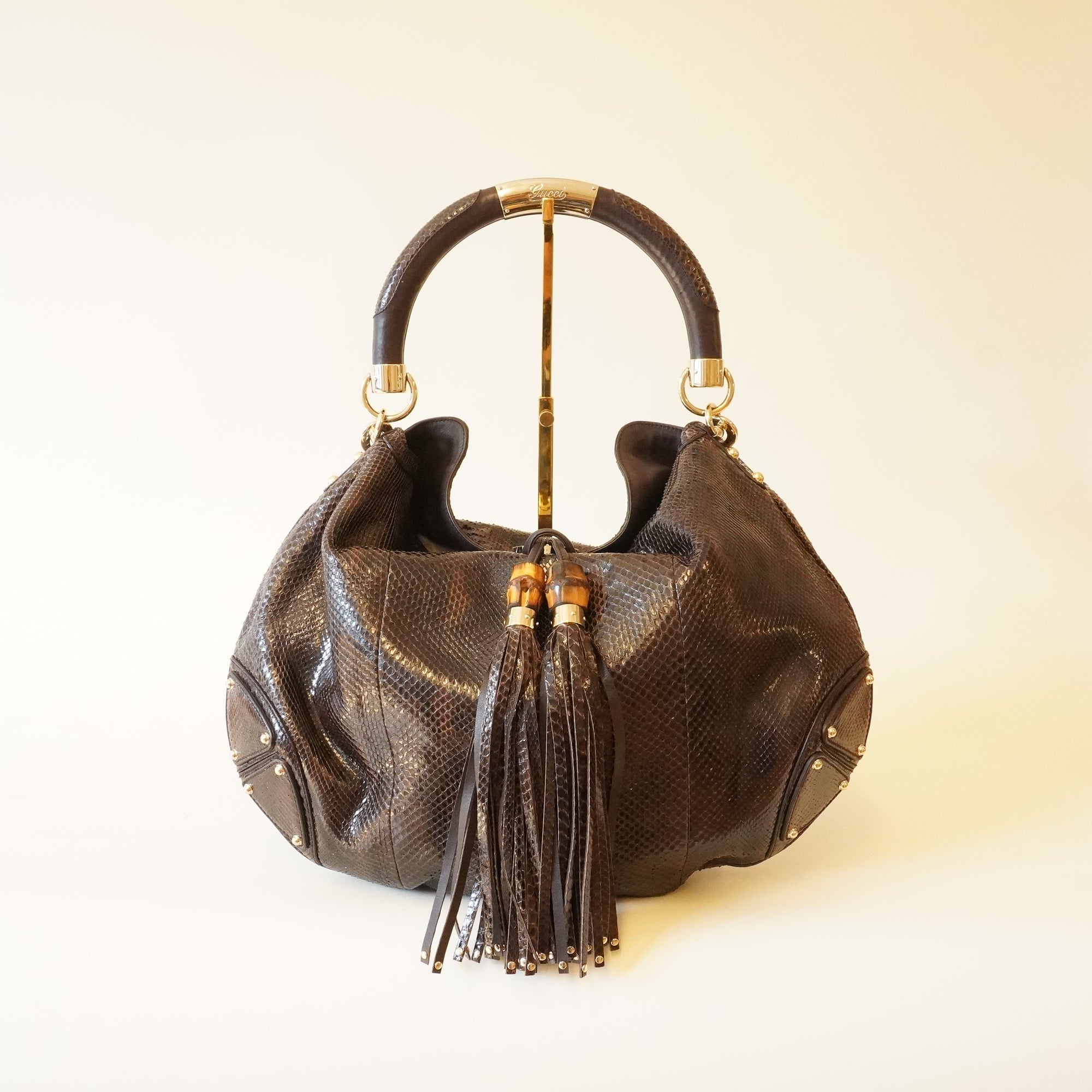 PRE-OWNED GG Vintage Brown Python Leather Large Indy Hobo Crossbody Bag