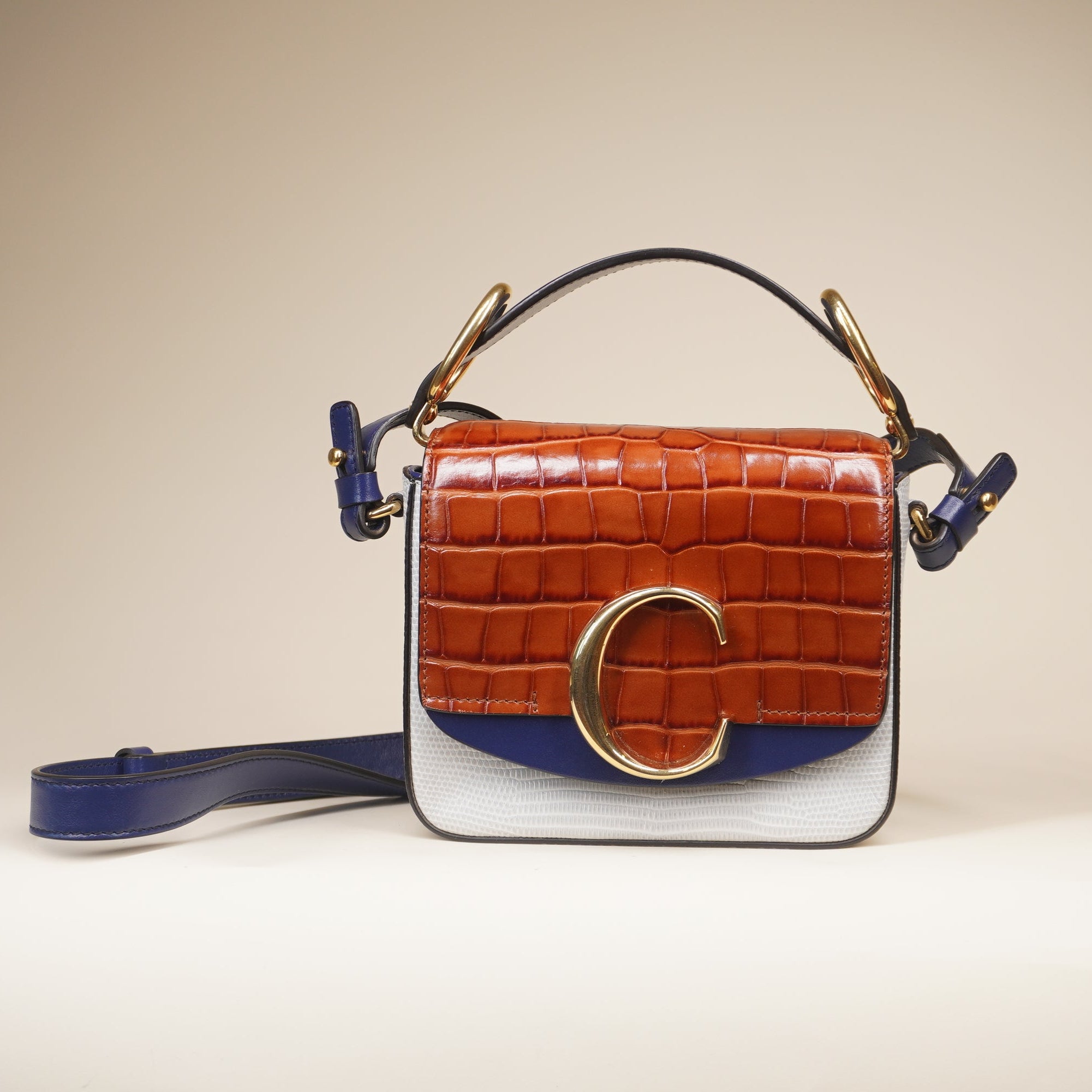 PRE-OWNED Mini C Double Carry Calfskin Crocodile Lizard Embossed Shoulder Bag