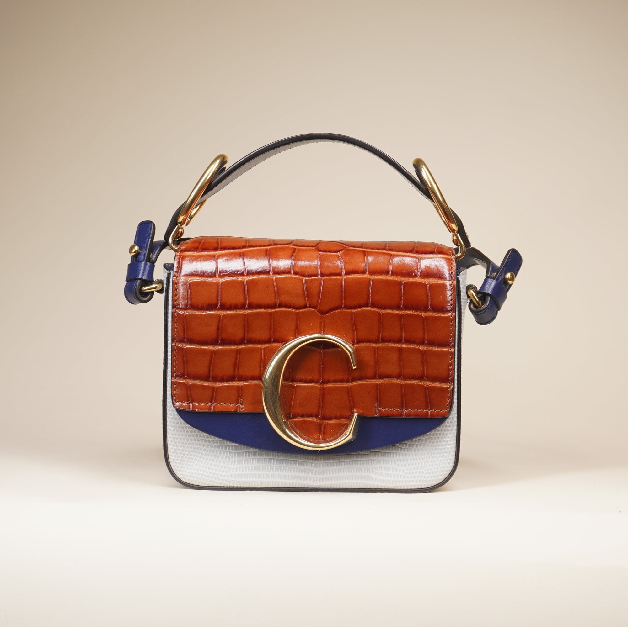 PRE-OWNED Mini C Double Carry Calfskin Crocodile Lizard Embossed Shoulder Bag