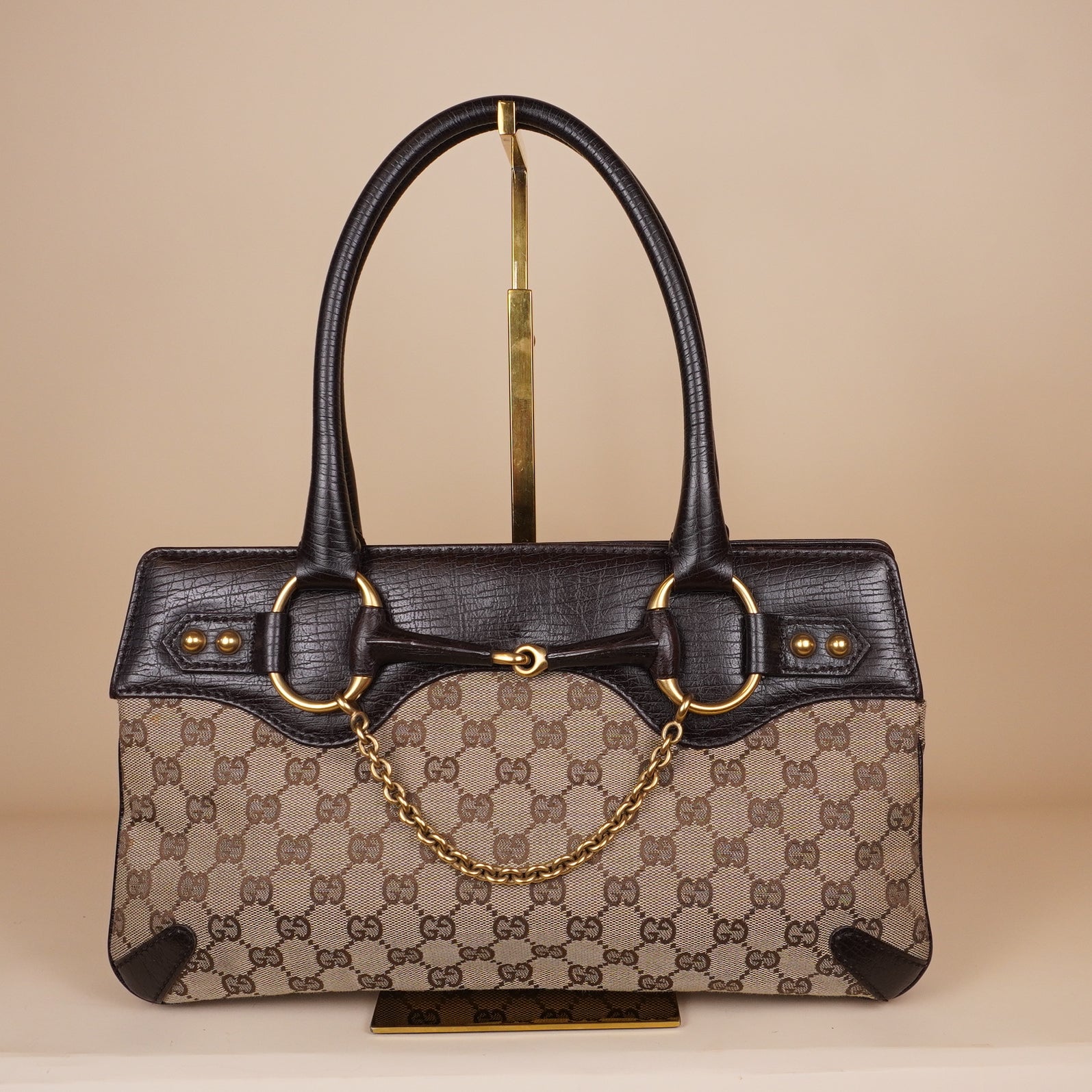 PRE-OWNED Beige/Dark Brown GG Canvas and Leather Horsebit Chain Tote