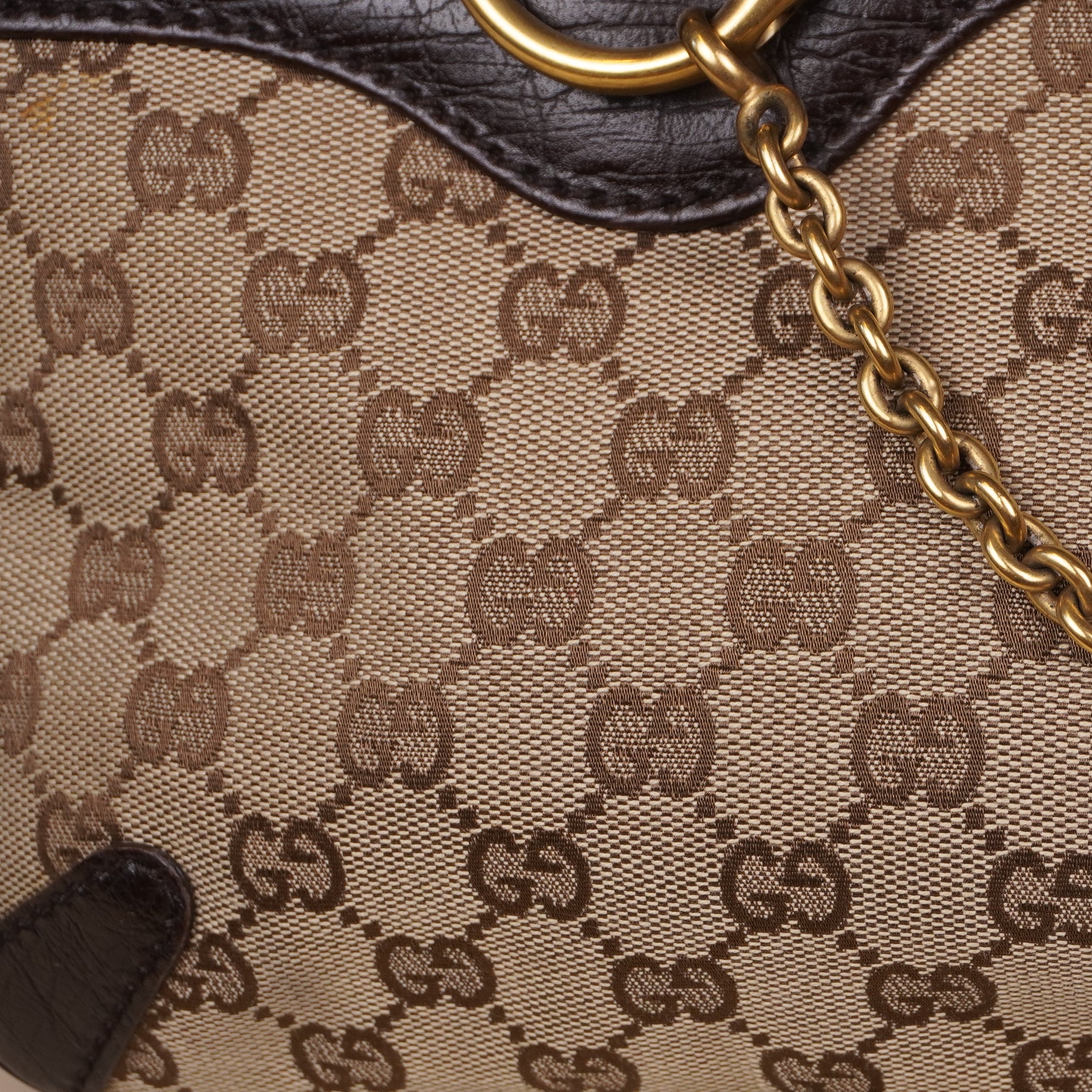 PRE-OWNED Beige/Dark Brown GG Canvas and Leather Horsebit Chain Tote