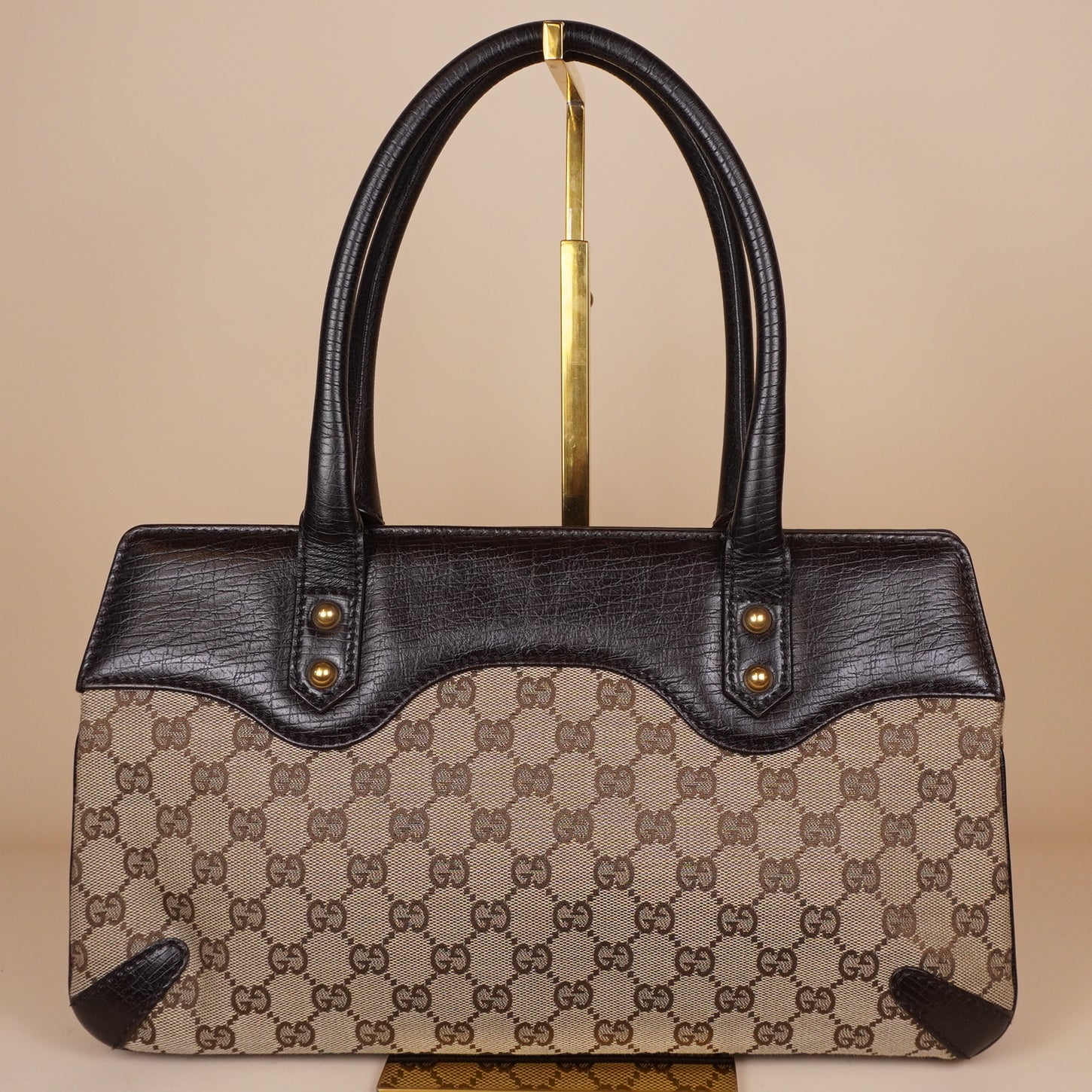 PRE-OWNED Beige/Dark Brown GG Canvas and Leather Horsebit Chain Tote