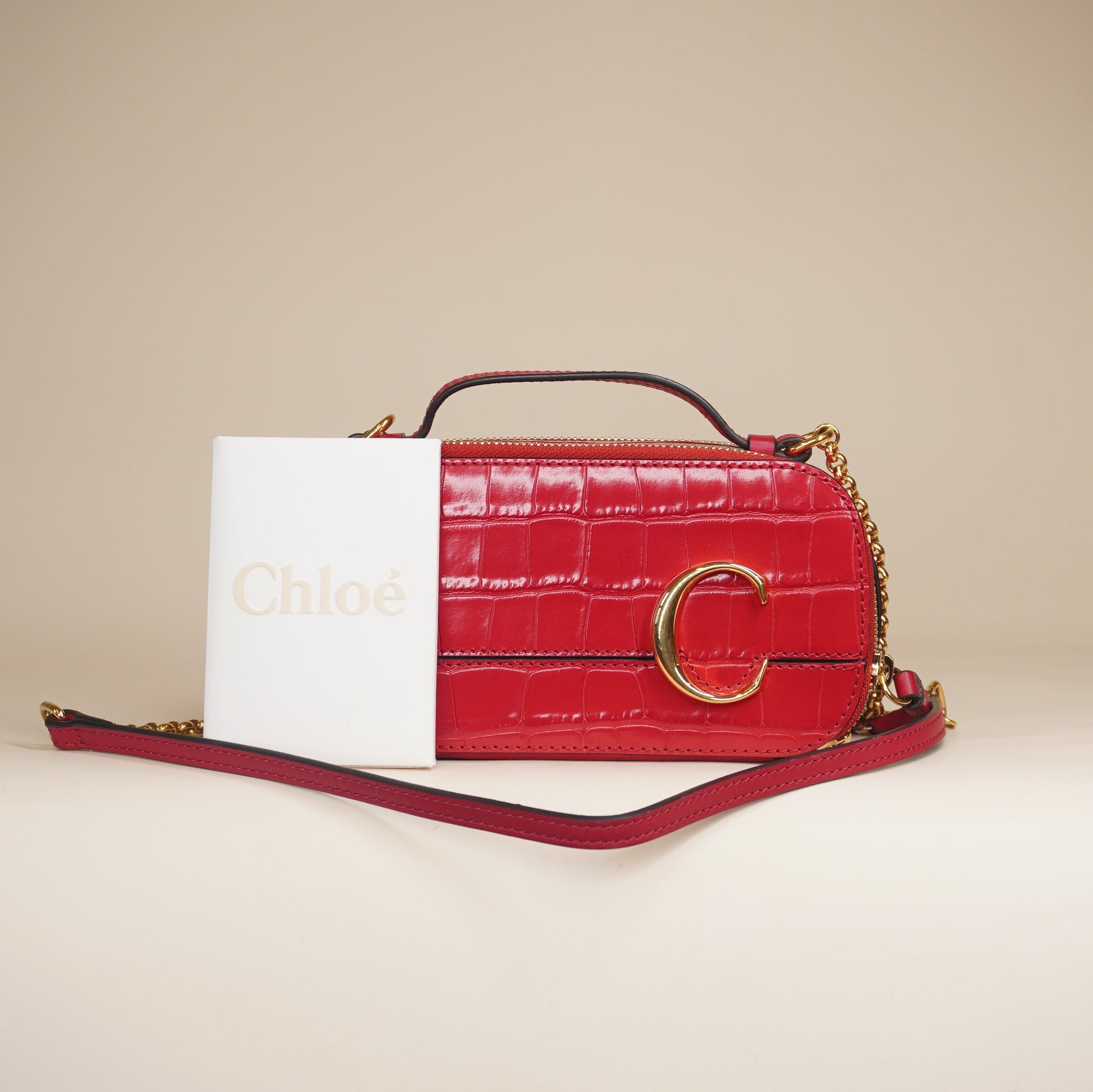 PRE-OWNED Red C Vanity Crocodile Embossed Leather Shoulder Bag