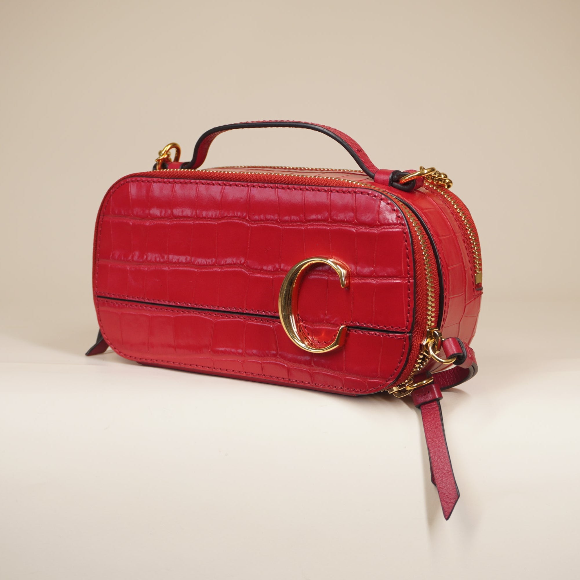 PRE-OWNED Red C Vanity Bag Crocodile Embossed Leather Crosbody Bag