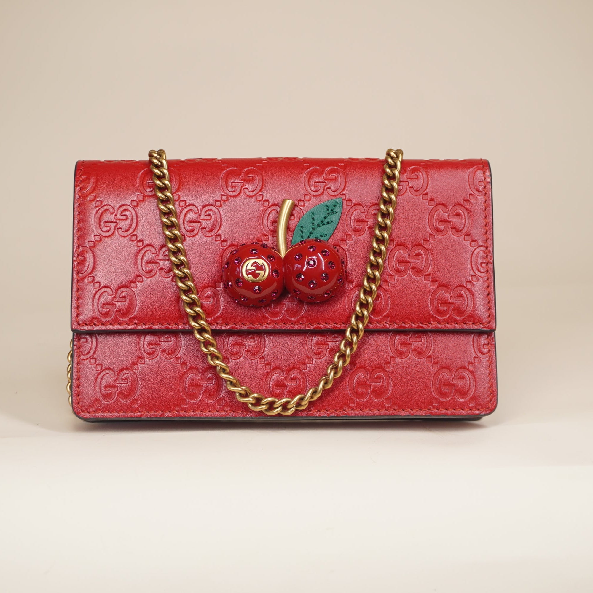 PRE-OWNED Guccissima Mini Cherry Chain Bag Hibiscus Red