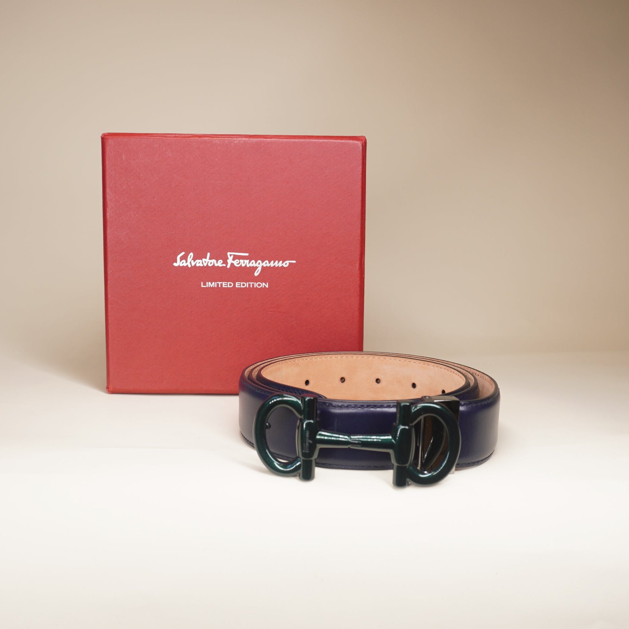 PRE-OWNED Gancini Reversible and Adjustable Calfskin Navy Belt