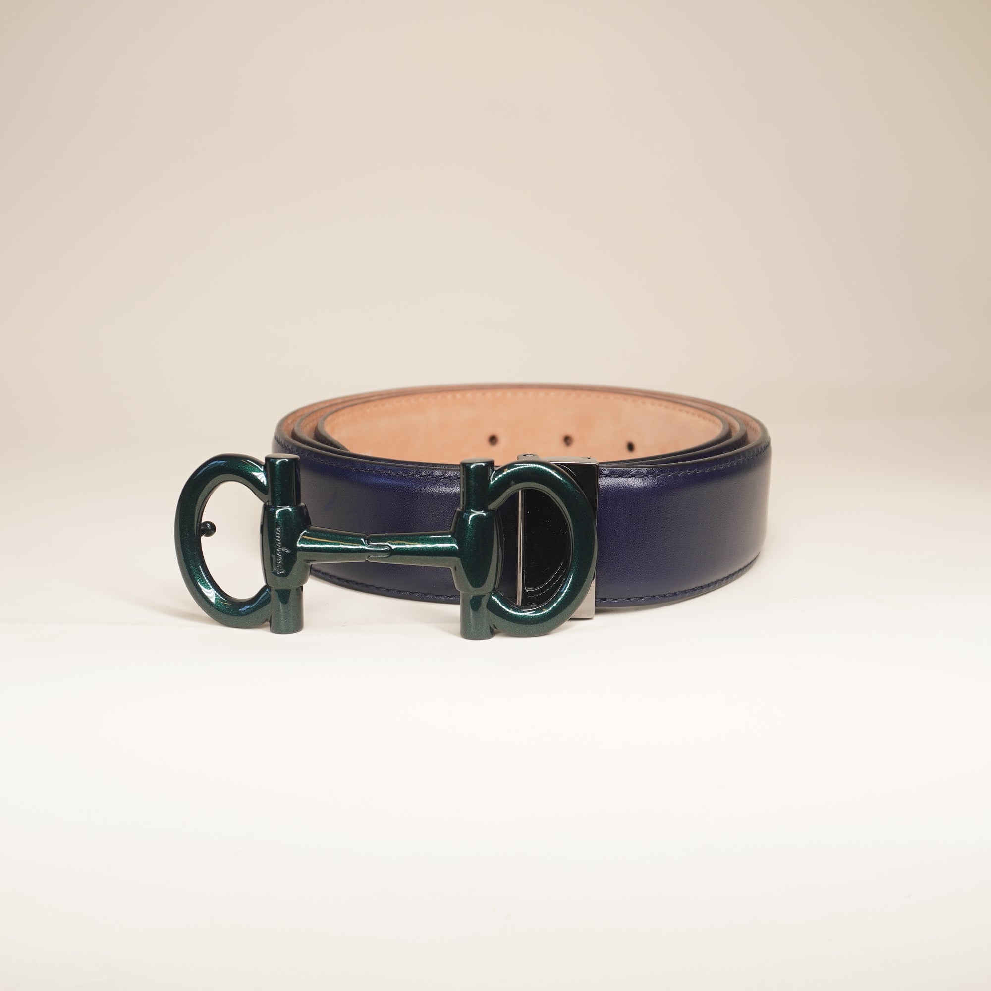 PRE-OWNED Gancini Reversible and Adjustable Calfskin Navy Belt