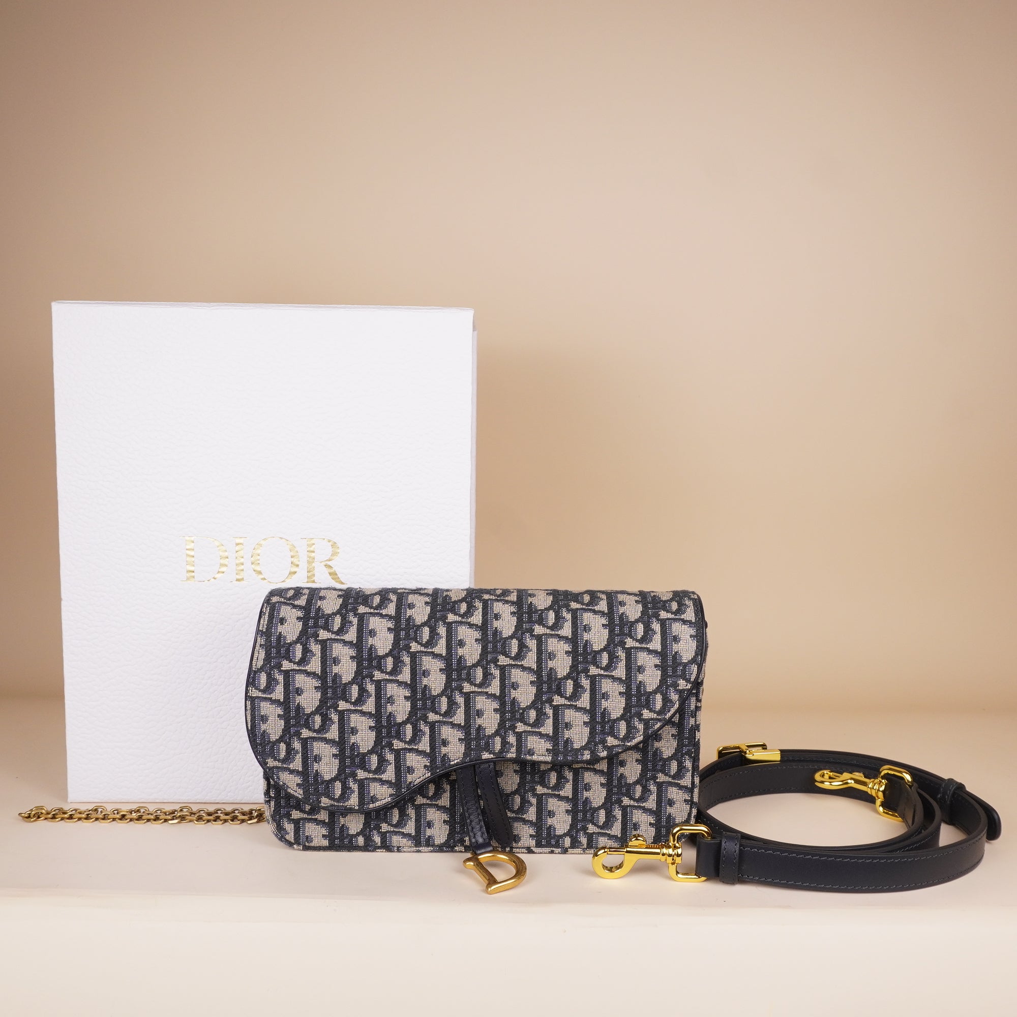 DIOR - Blue Oblique Canvas Saddle Pouch Wallet on Chain Bag