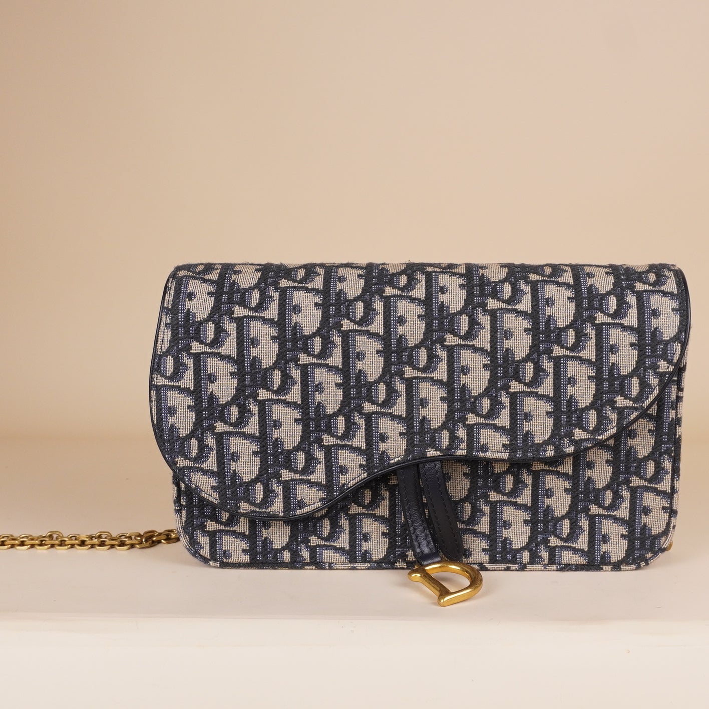 DIOR - Blue Oblique Canvas Saddle Pouch Wallet on Chain Bag
