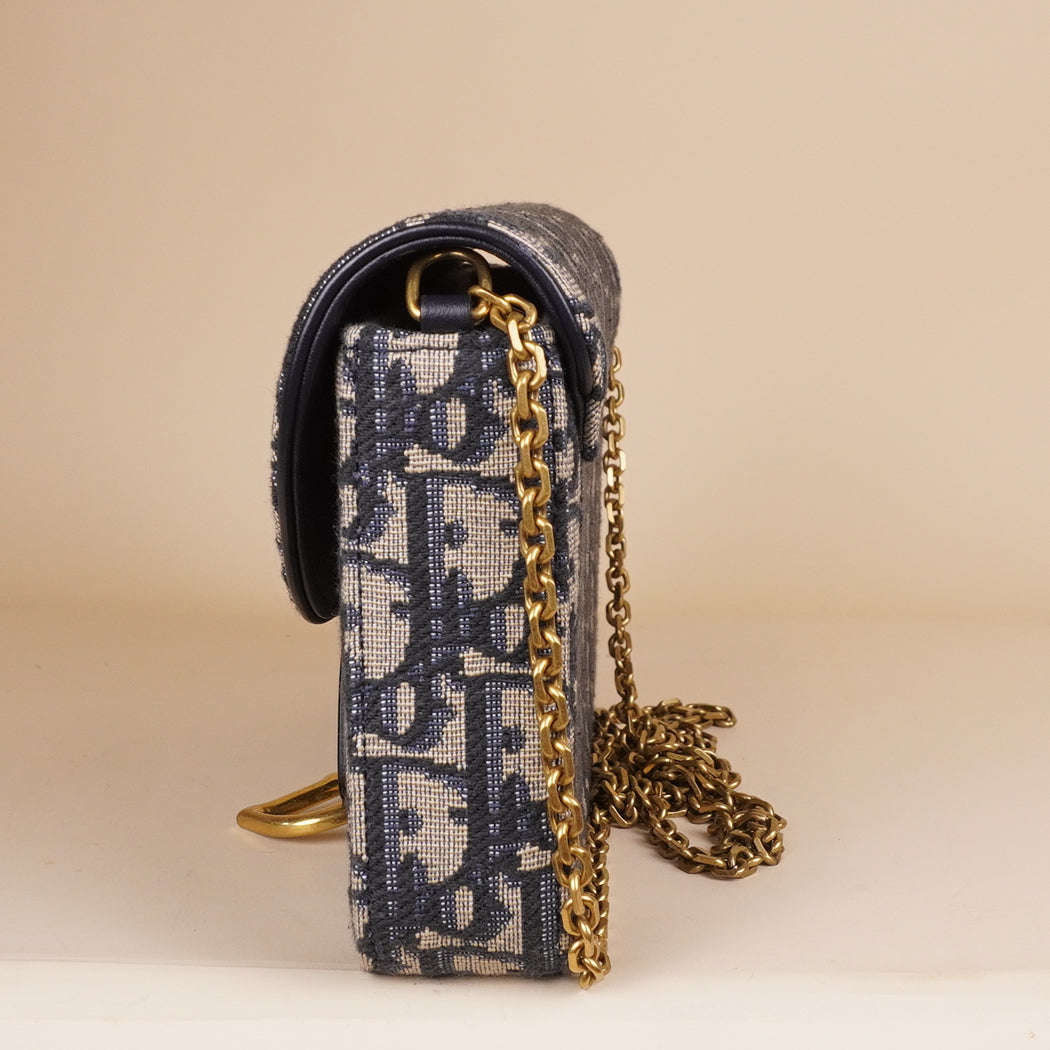 DIOR - Blue Oblique Canvas Saddle Pouch Wallet on Chain Bag