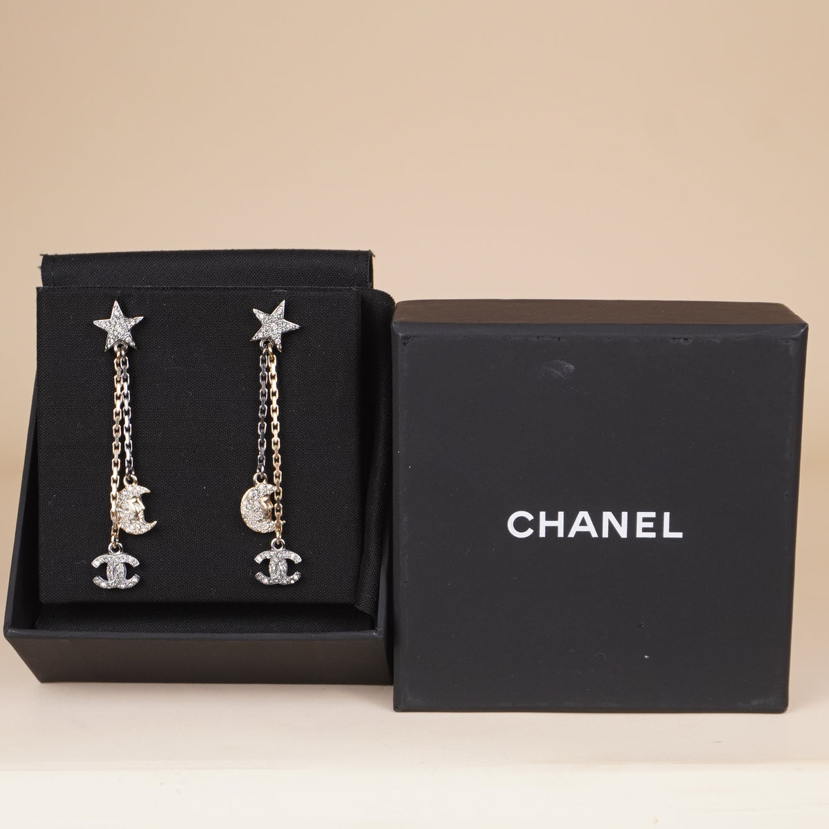 PRE-OWNED Strass CC Star & Moon Drop Earrings