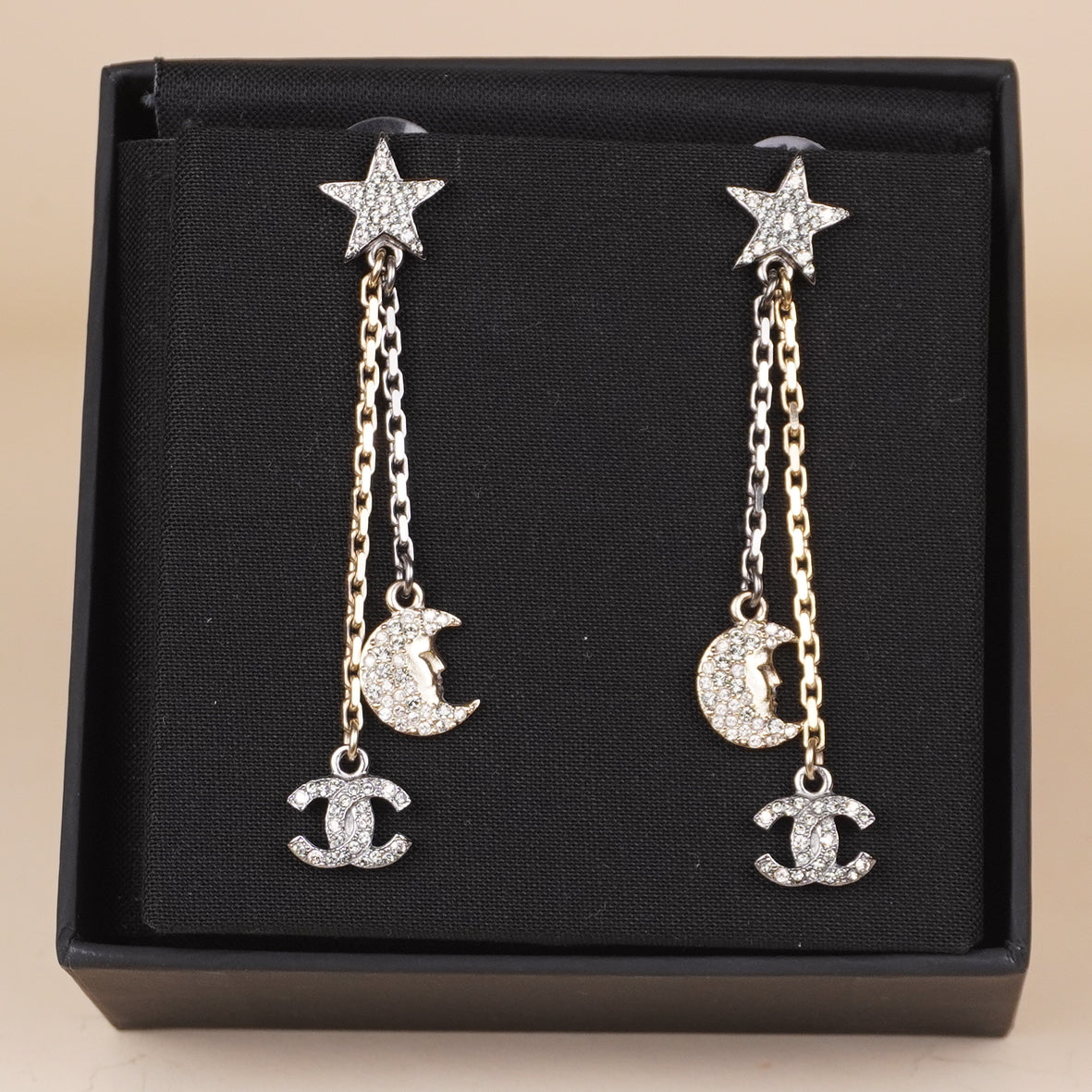 PRE-OWNED Strass CC Star & Moon Drop Earrings