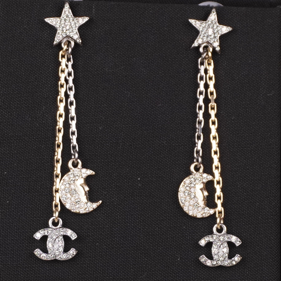 PRE-OWNED Strass CC Star & Moon Drop Earrings