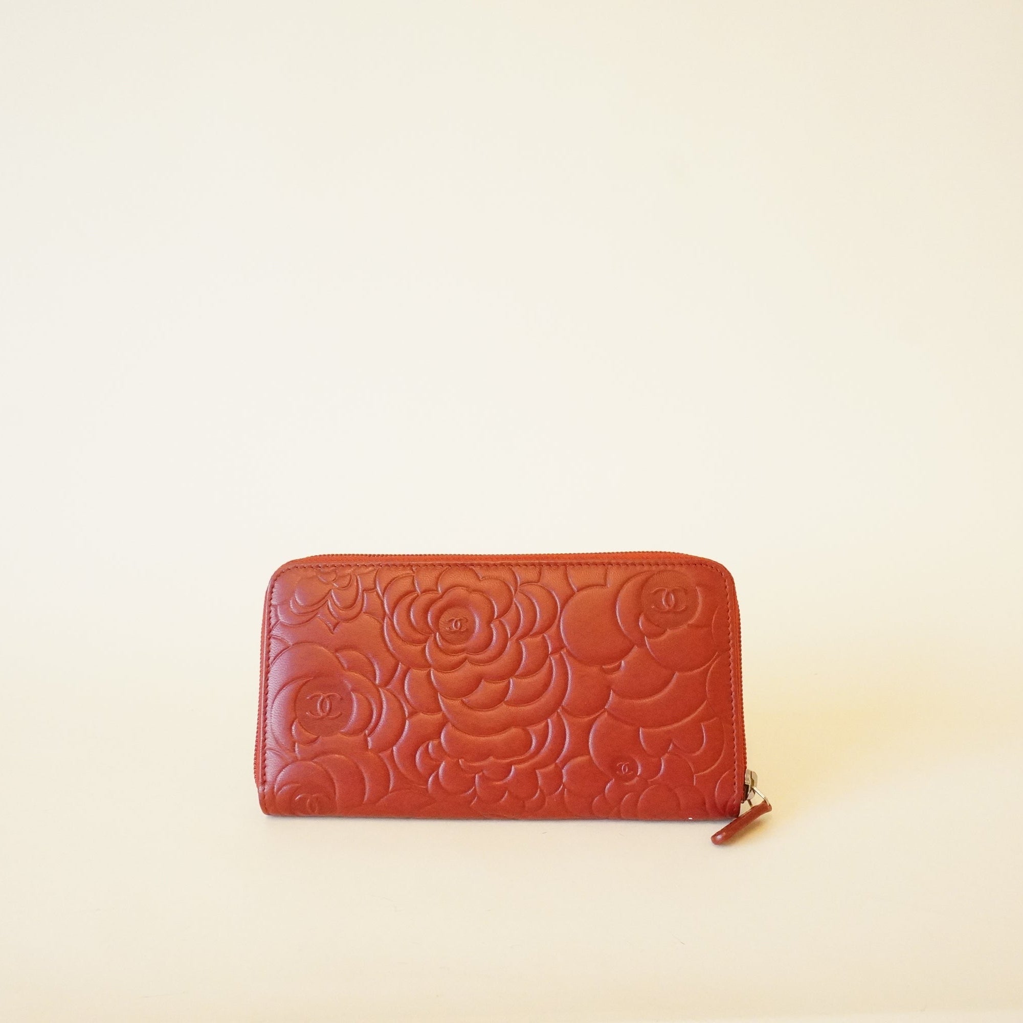 PRE-OWNED CC Red Caviar Leather Camellia Embossed Zip Around Long Wallet