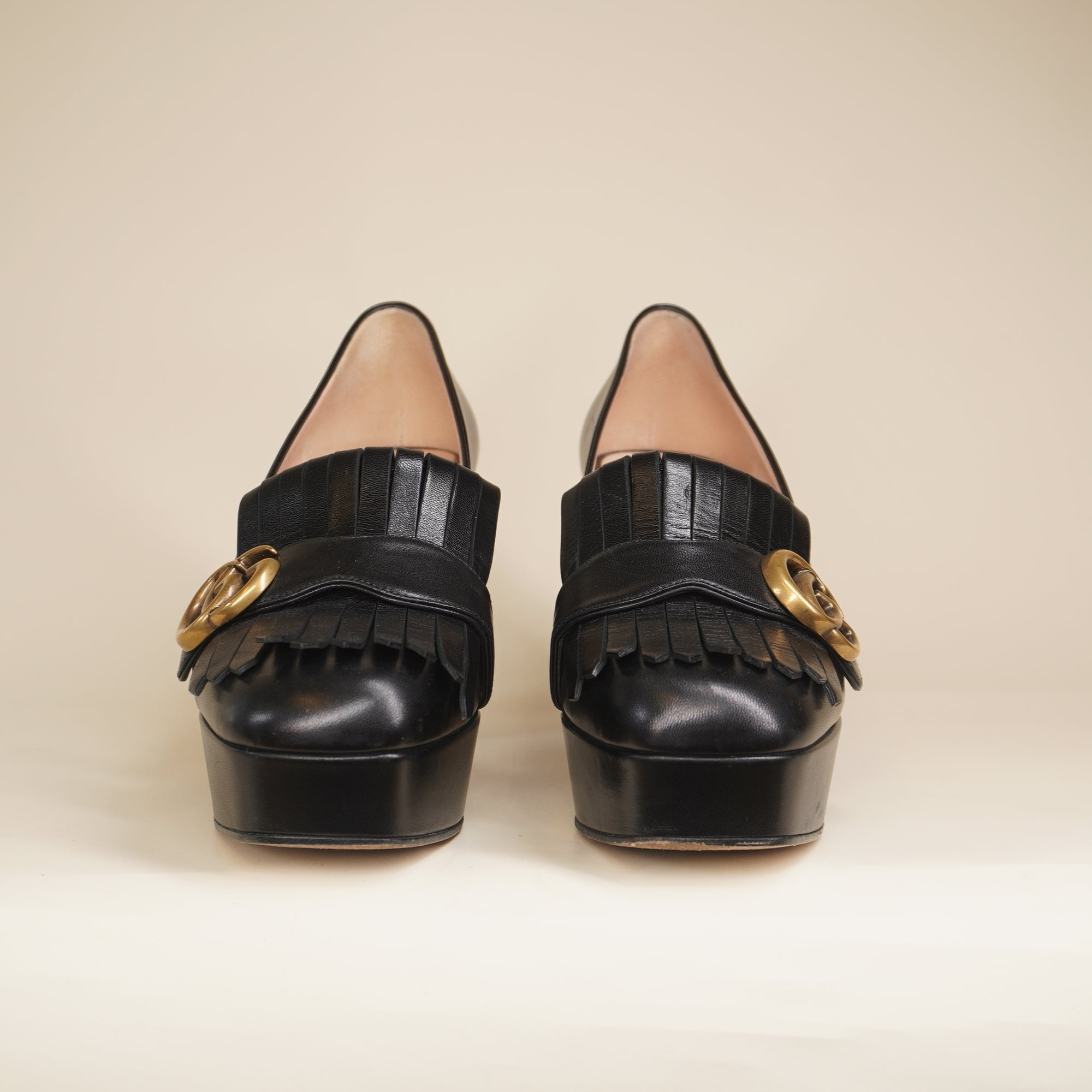 PRE-OWNED Black Leather GG Marmont Fringe Platform Pumps