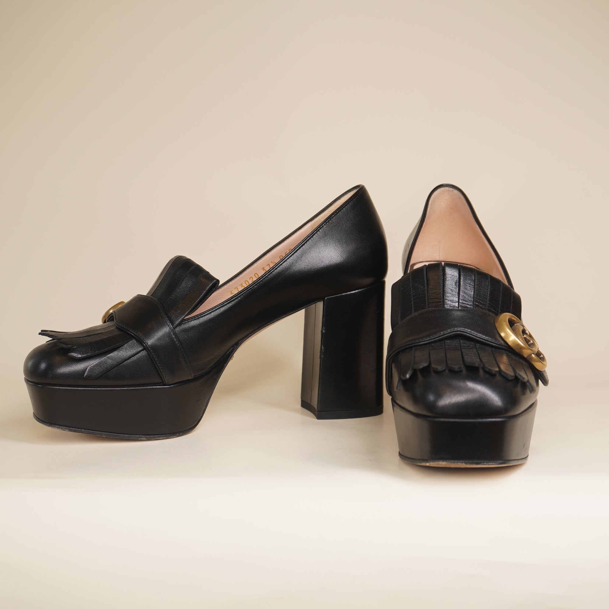 PRE-OWNED Black Leather GG Marmont Fringe Platform Pumps