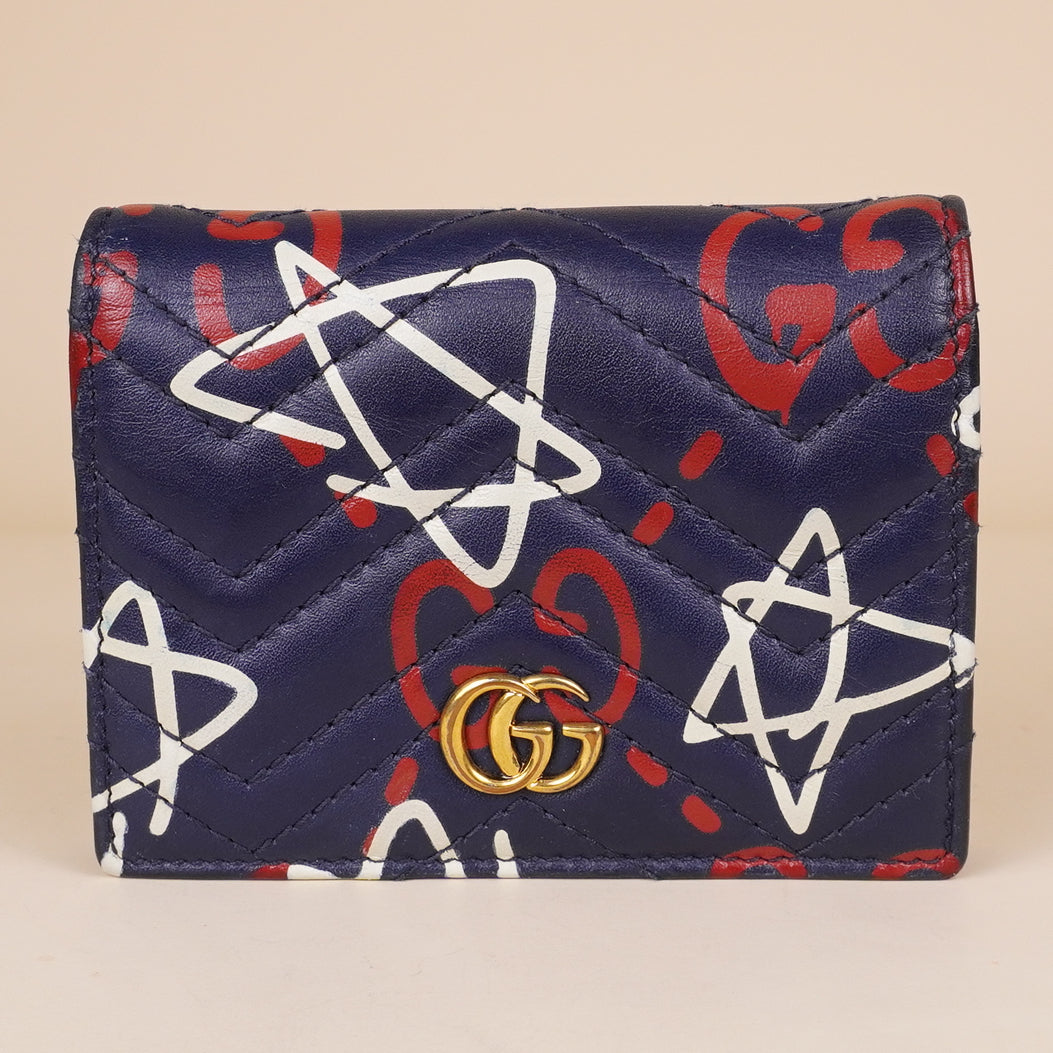 PRE-OWNED GG Calfskin Matelasse Ghost GG Marmont Card Case Wallet
