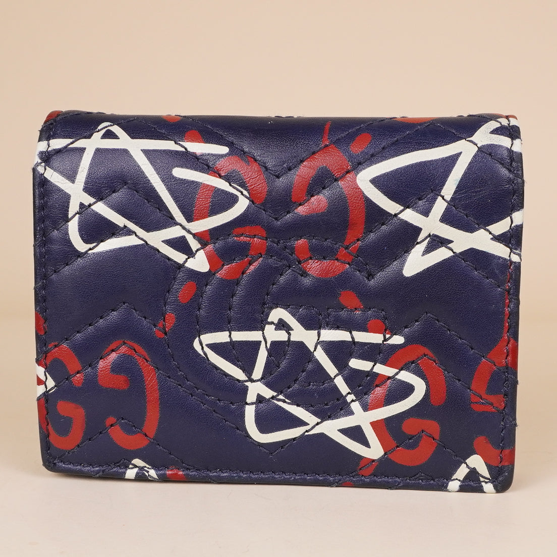 PRE-OWNED GG Calfskin Matelasse Ghost GG Marmont Card Case Wallet