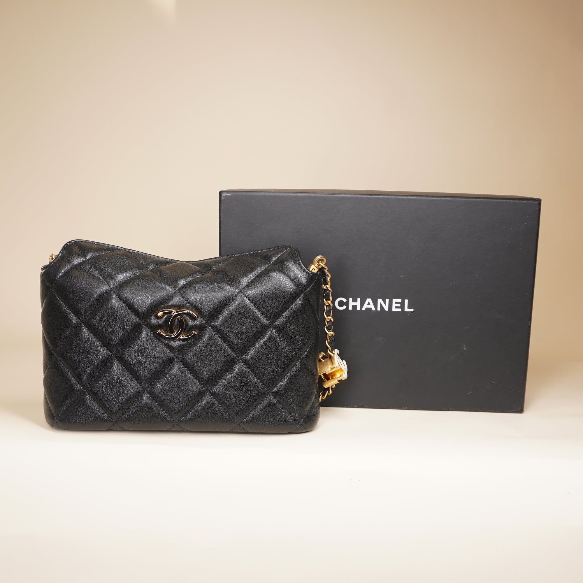 PRE-OWNED CC Black Small Hobo Shoulder Bag