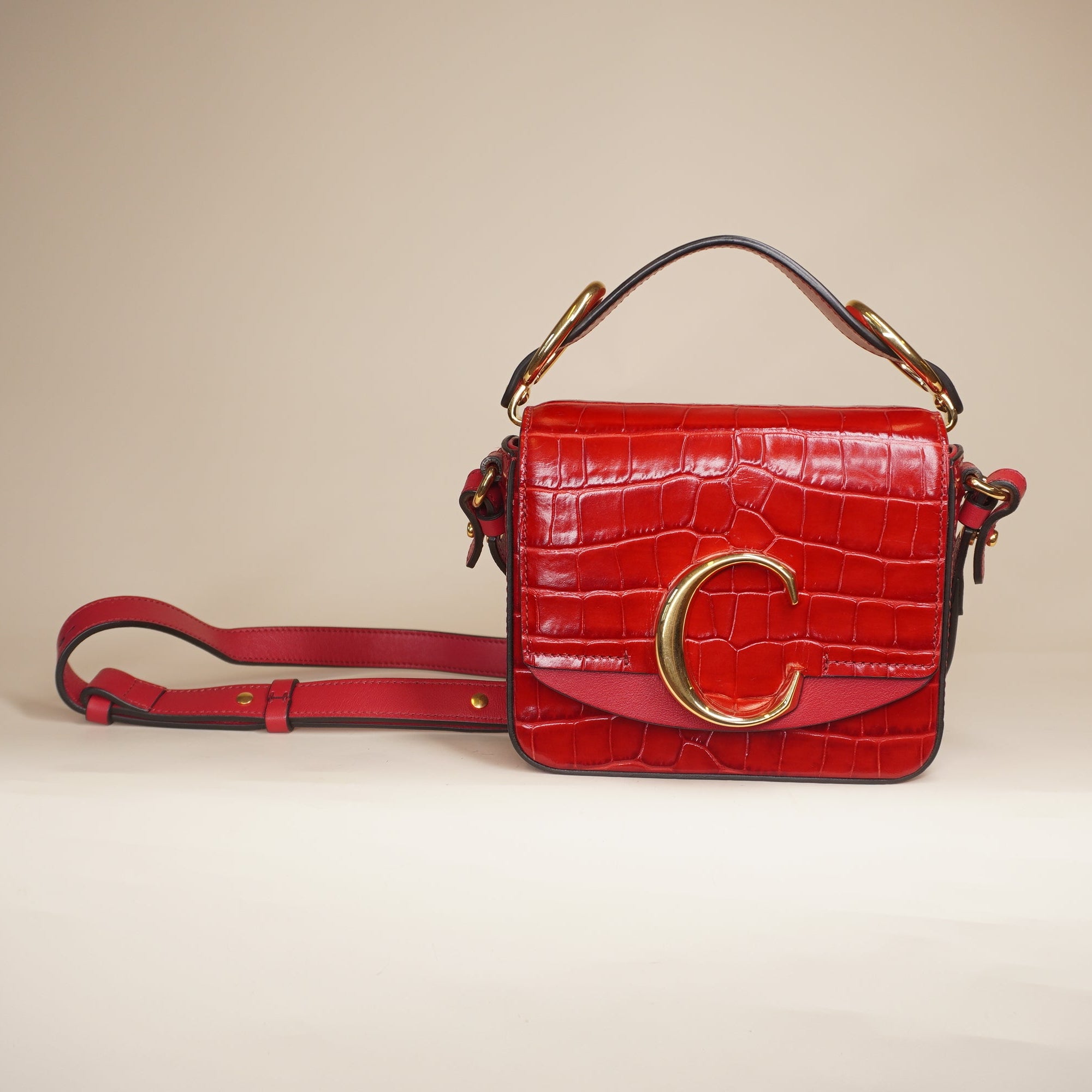 PRE-OWNED C Red Mini Bag in Embossed Croc Shoulder Bag