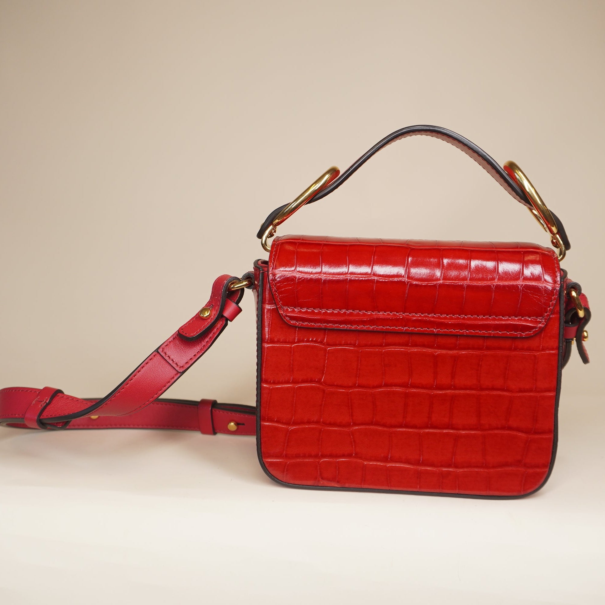 PRE-OWNED C Red Mini Bag in Embossed Croc Shoulder Bag