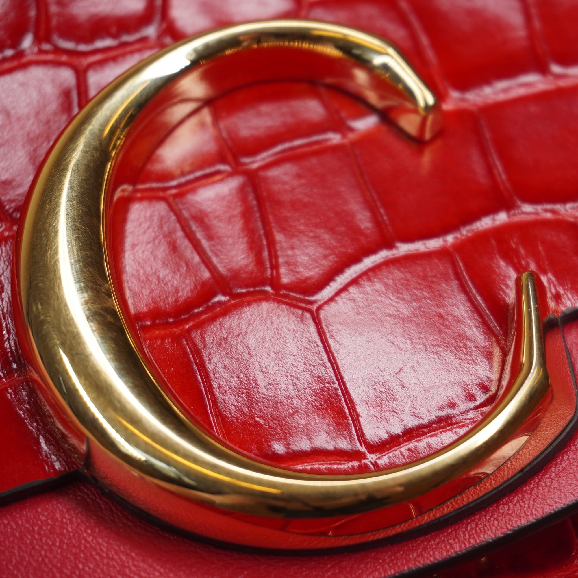 PRE-OWNED C Red Mini Bag in Embossed Croc Shoulder Bag