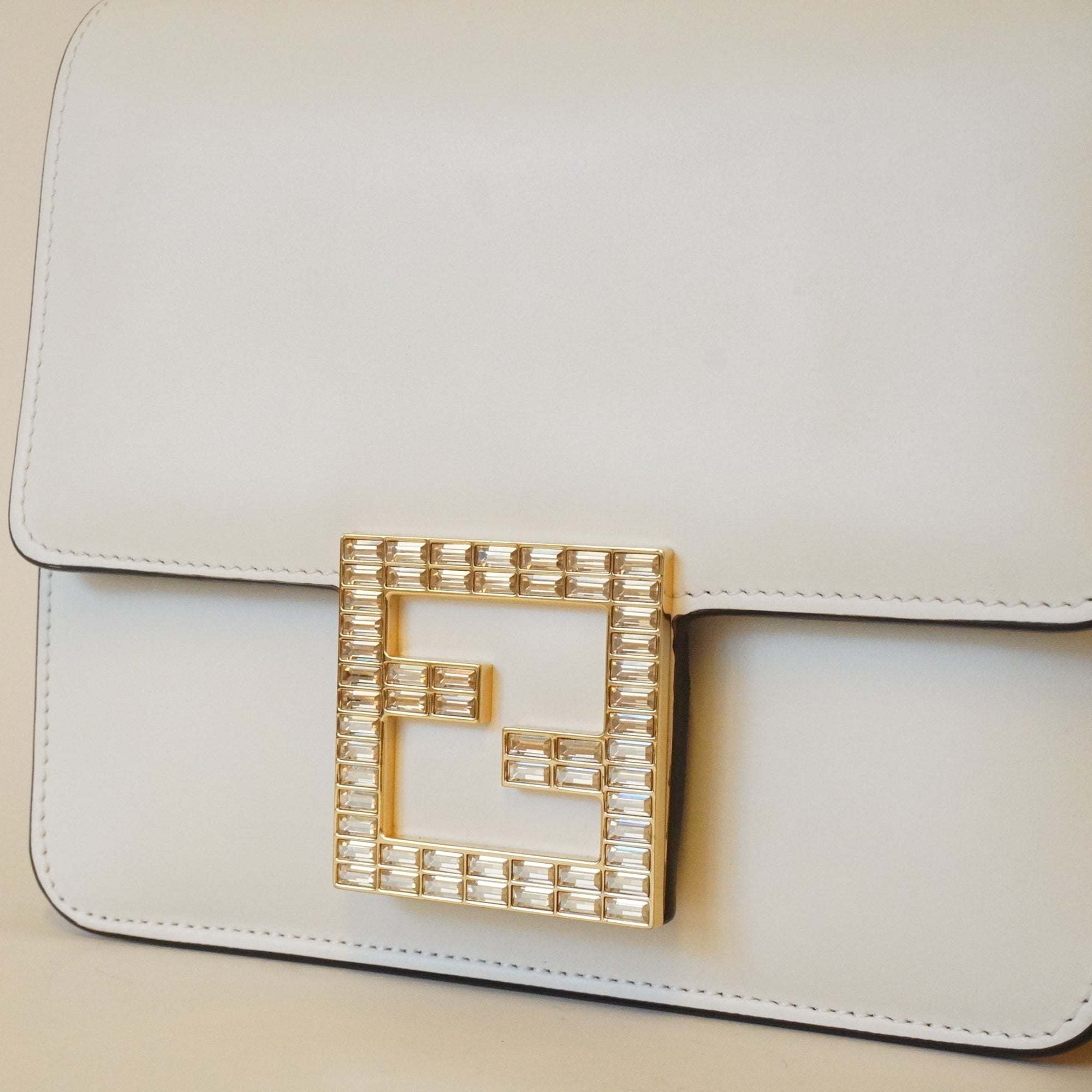 PRE-OWNED FF White Leather Crystal Fab Crossbody Bag
