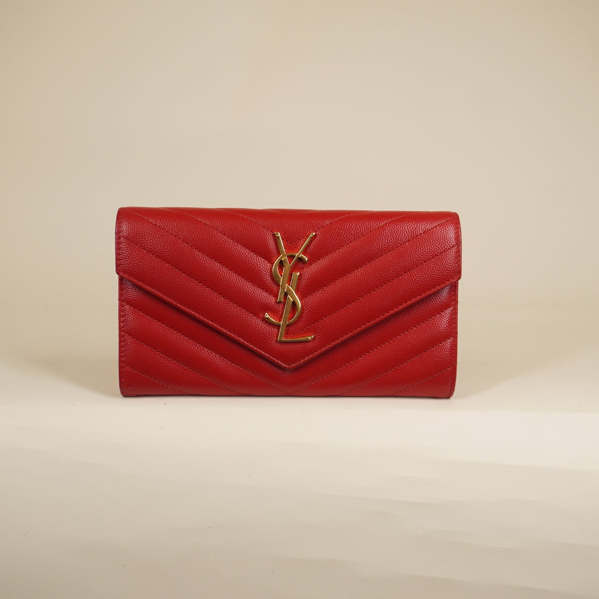 PRE-OWNED Grain De Poudre Matelasse Chevron Monogram Flap Wallet Red