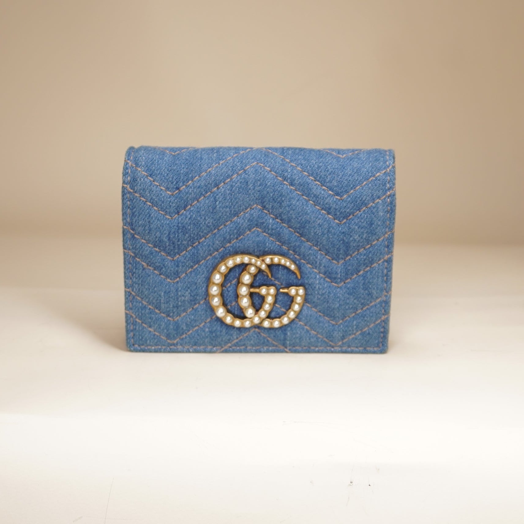 PRE-OWNED GG Denim Marmont Bi-fold Short Wallet