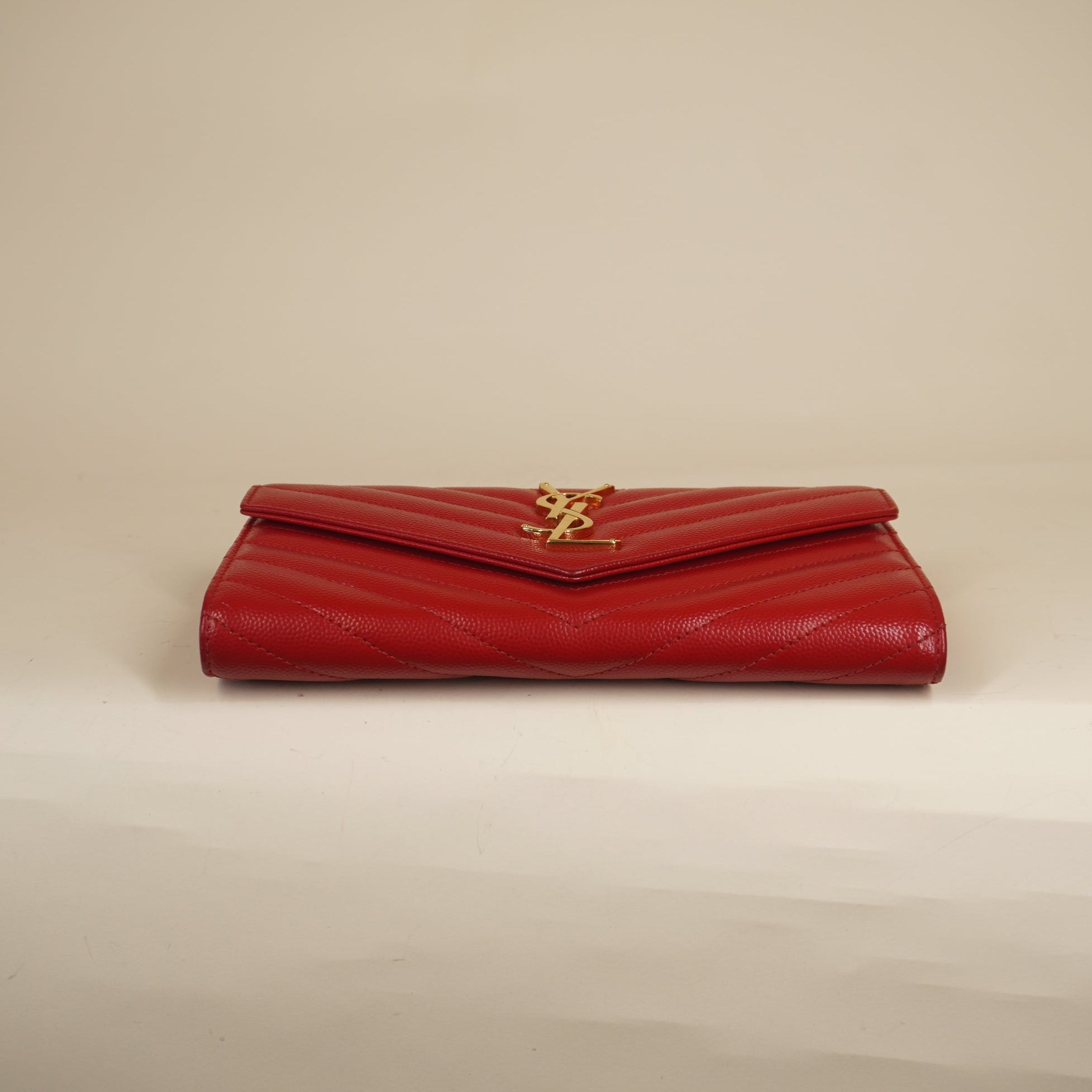 PRE-OWNED Grain De Poudre Matelasse Chevron Monogram Flap Wallet Red