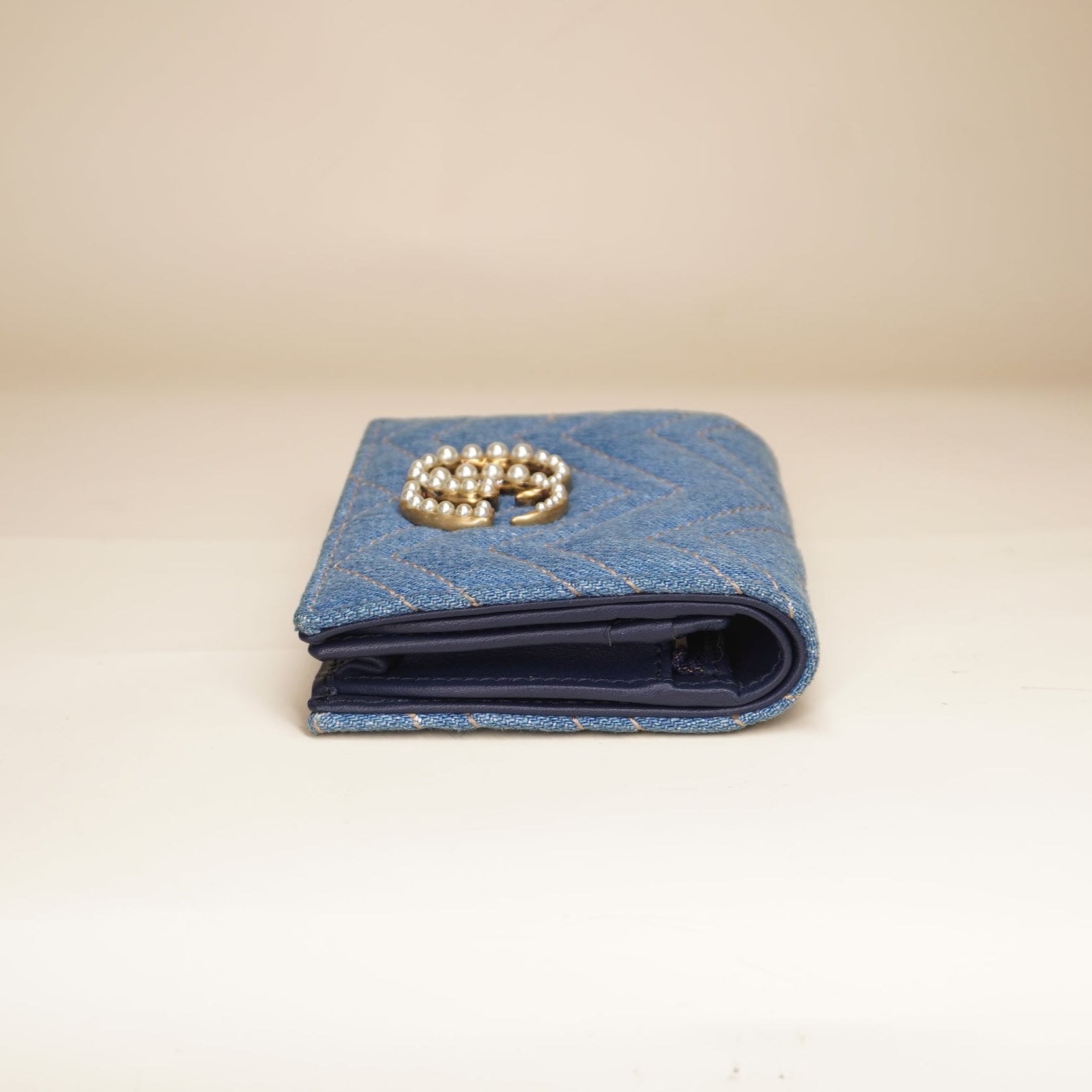 PRE-OWNED GG Denim Marmont Bi-fold Short Wallet