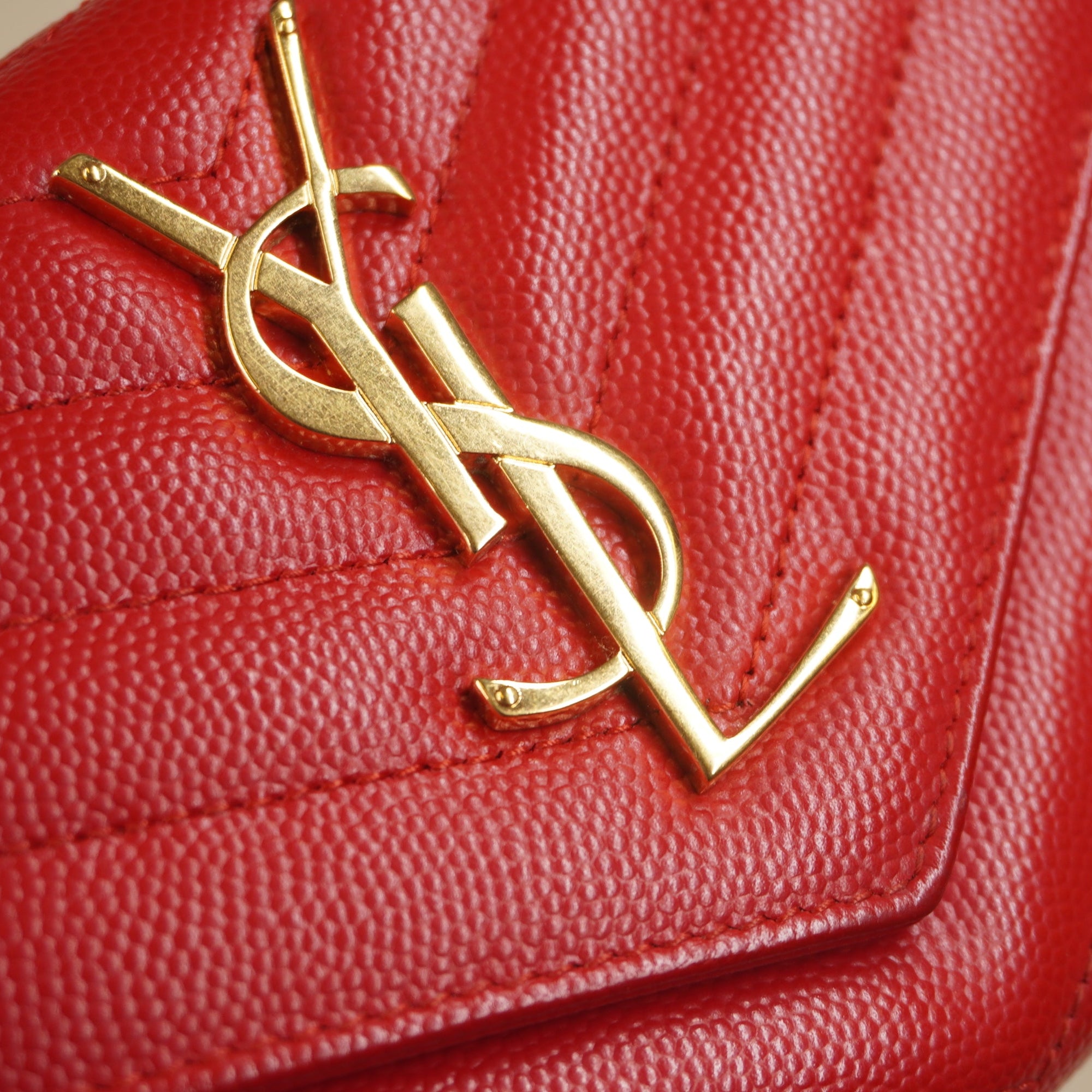 PRE-OWNED Grain De Poudre Matelasse Chevron Monogram Flap Wallet Red