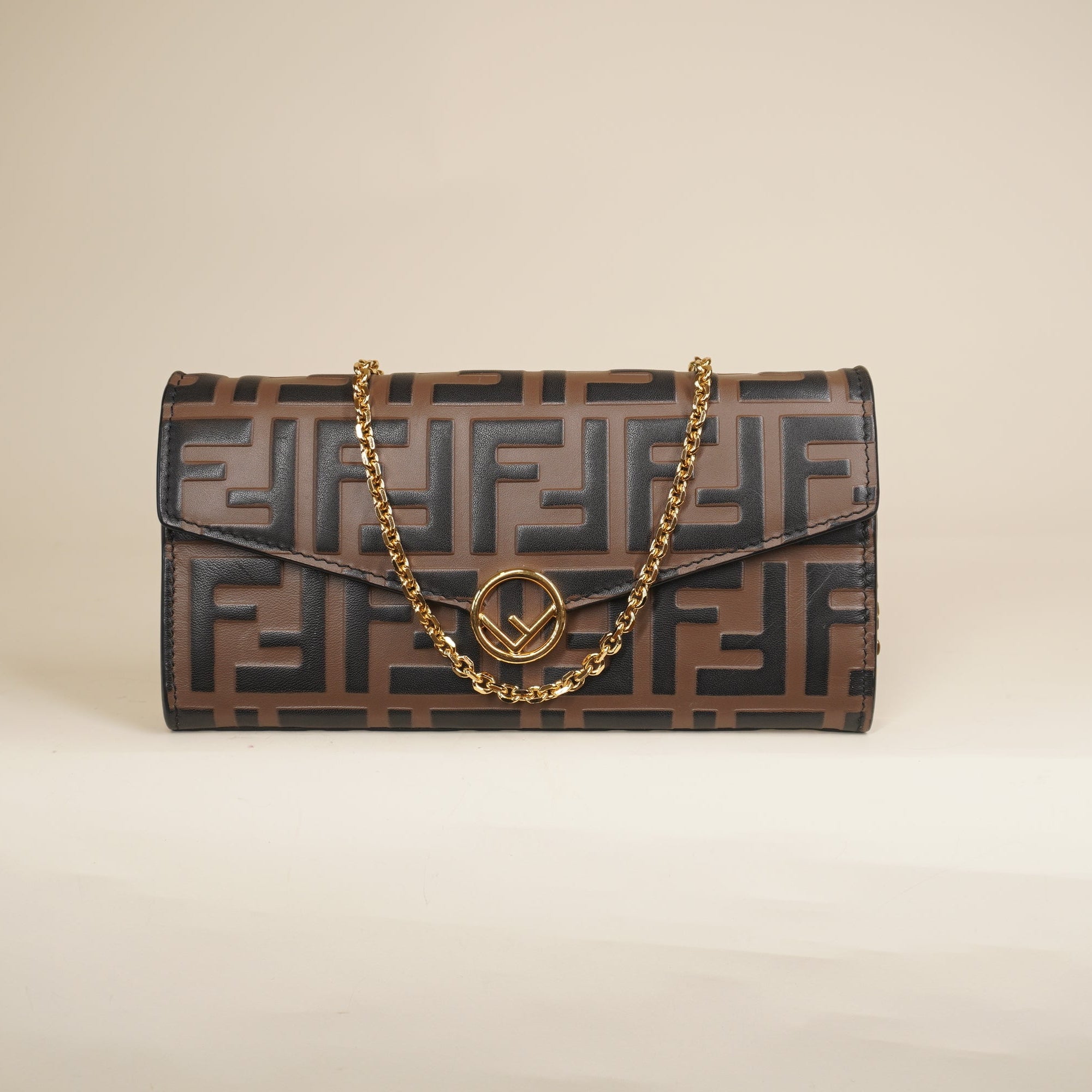 PRE-OWNED Vitello Soft F is Fendi Bi-Color FF 1974 Embossed Continental Envelope Wallet On Chain