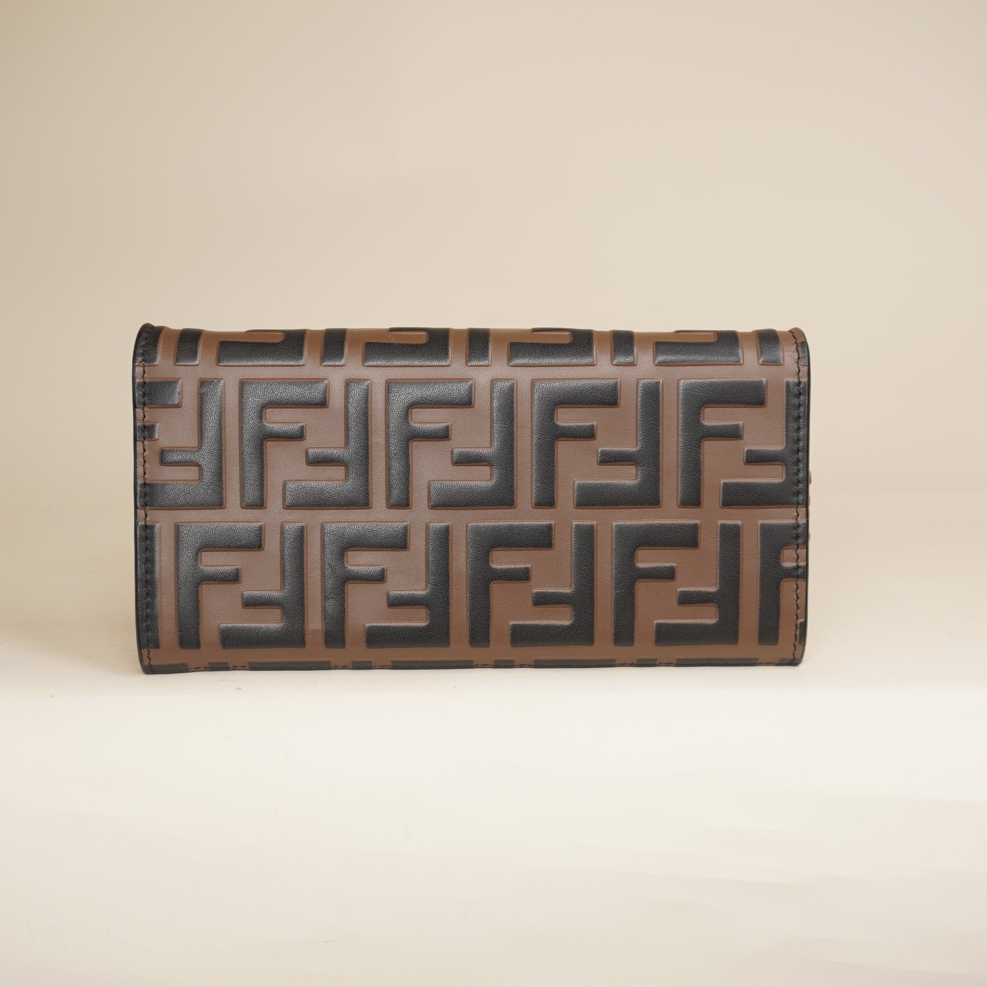 PRE-OWNED Vitello Soft F is Fendi Bi-Color FF 1974 Embossed Continental Envelope Wallet On Chain