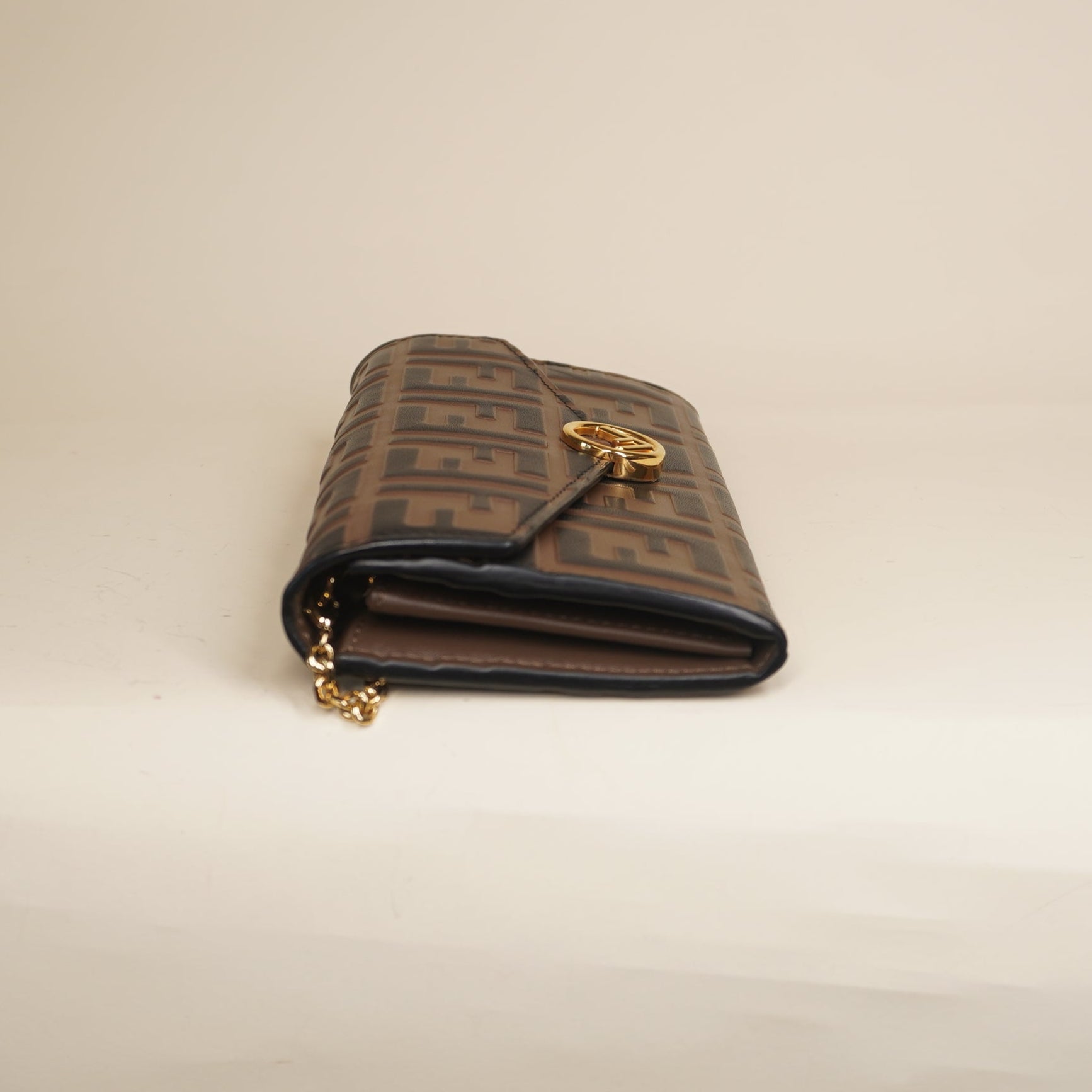 PRE-OWNED Vitello Soft F is Fendi Bi-Color FF 1974 Embossed Continental Envelope Wallet On Chain