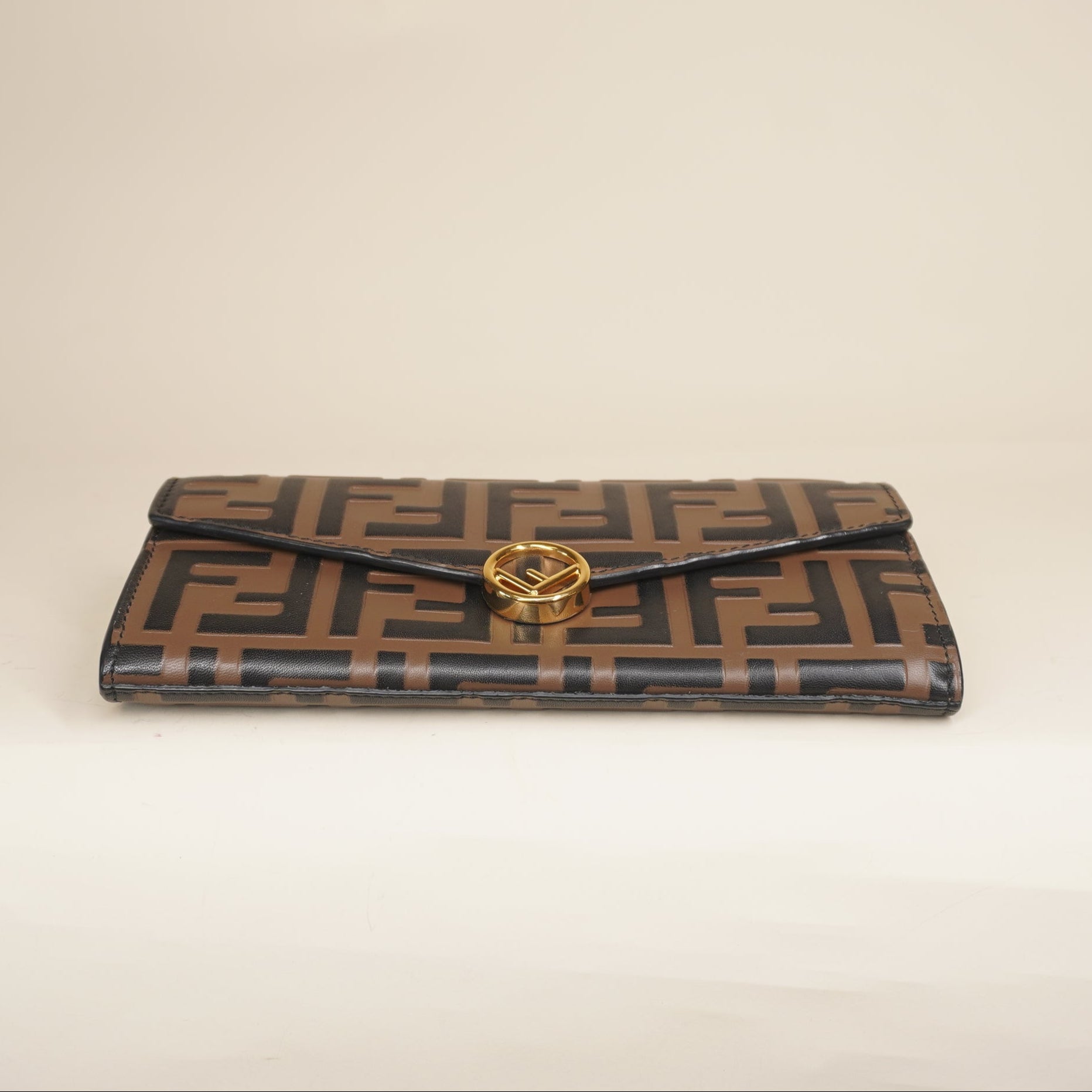 PRE-OWNED Vitello Soft F is Fendi Bi-Color FF 1974 Embossed Continental Envelope Wallet On Chain