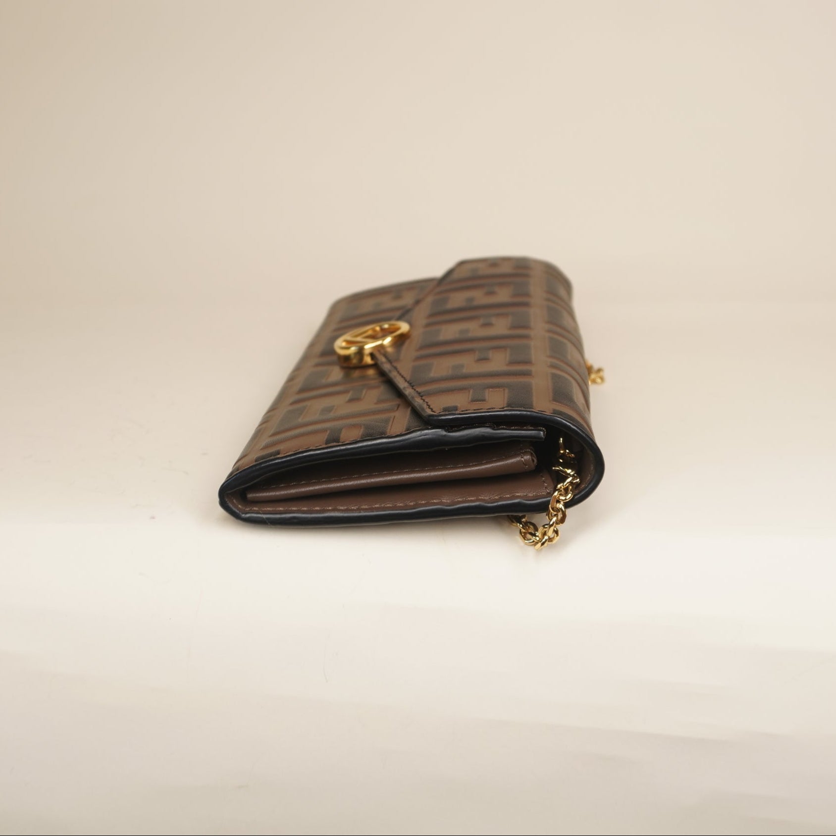 PRE-OWNED Vitello Soft F is Fendi Bi-Color FF 1974 Embossed Continental Envelope Wallet On Chain