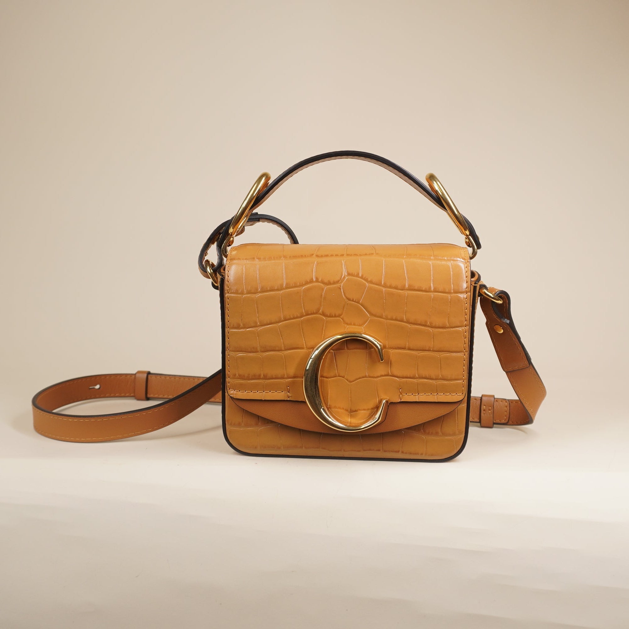 PRE-OWNED Calfskin Crocodile Embossed Mini C Bag Stormy Brown