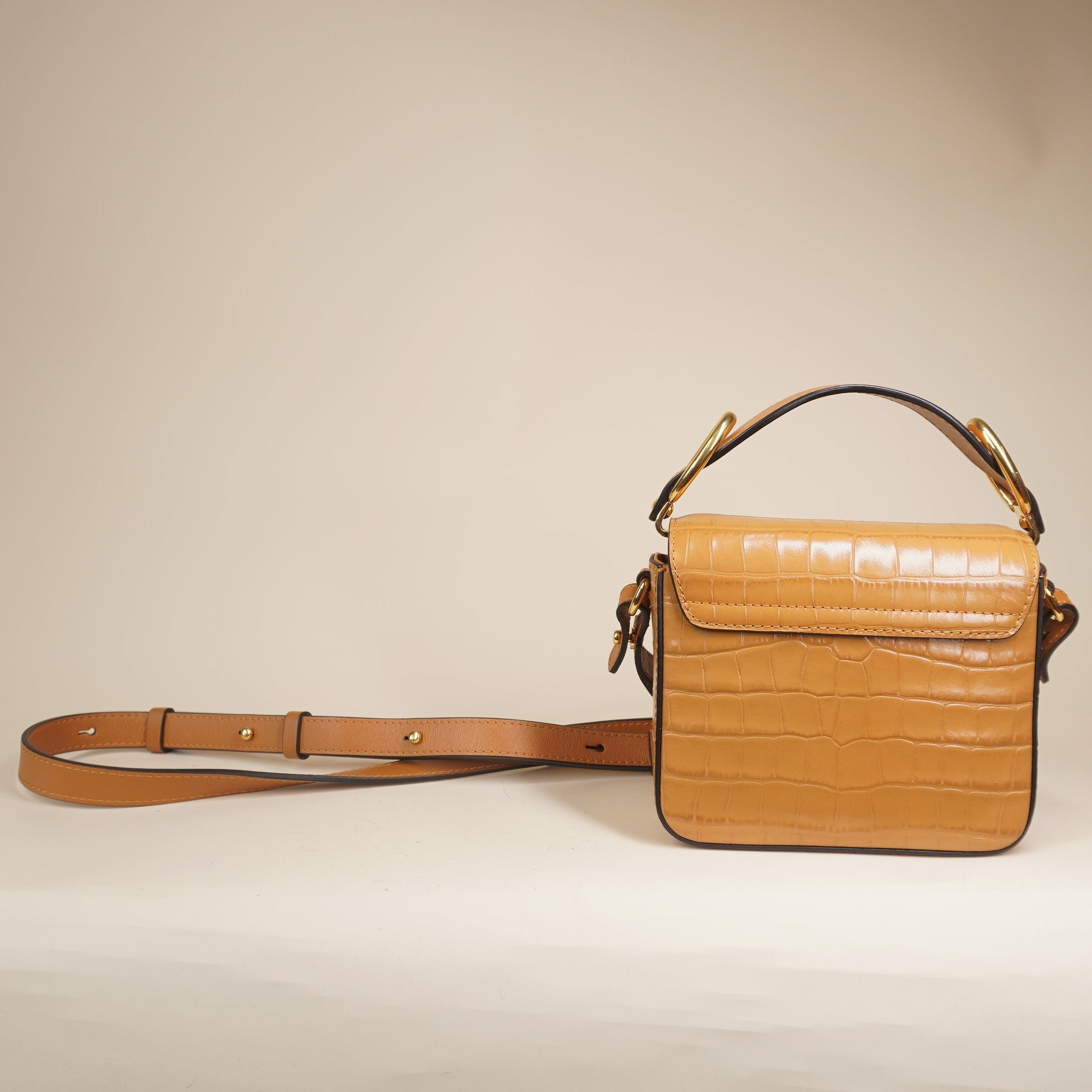 PRE-OWNED Calfskin Crocodile Embossed Mini C Bag Stormy Brown