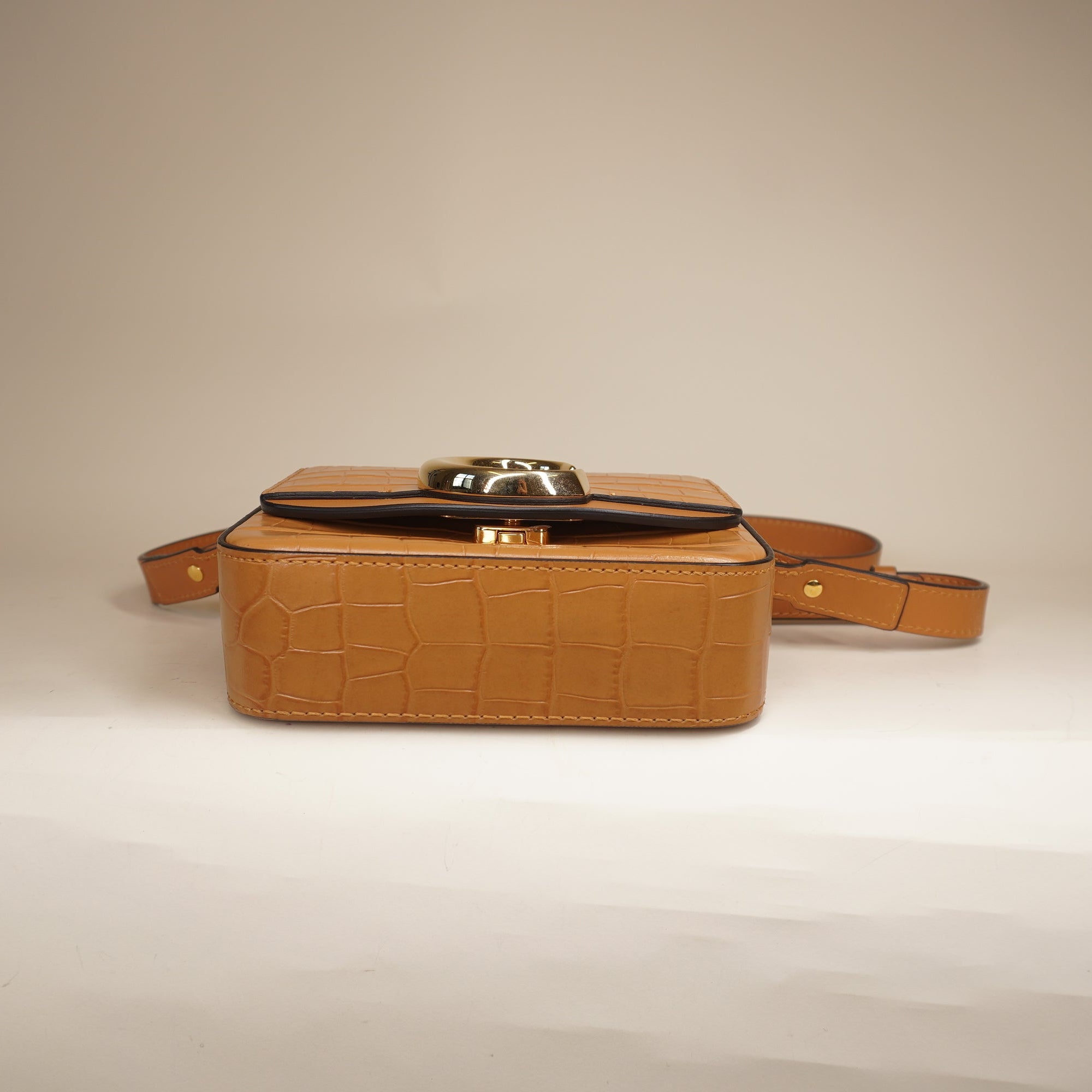 PRE-OWNED Calfskin Crocodile Embossed Mini C Bag Stormy Brown